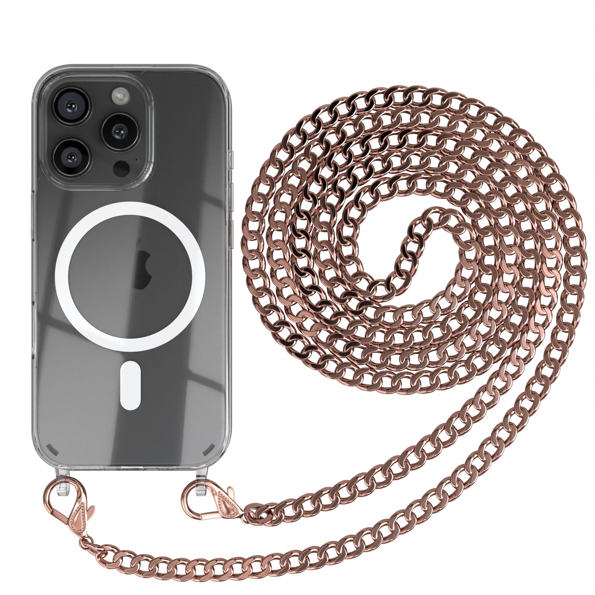 EAZY CASE Handykette 2in1 Metallkette MagSafe Hülle für iPhone 16 Pro 6,3 Zoll, Hülle mit Band Silikon Handytasche durchsichtig Chain Slimcover Rosé