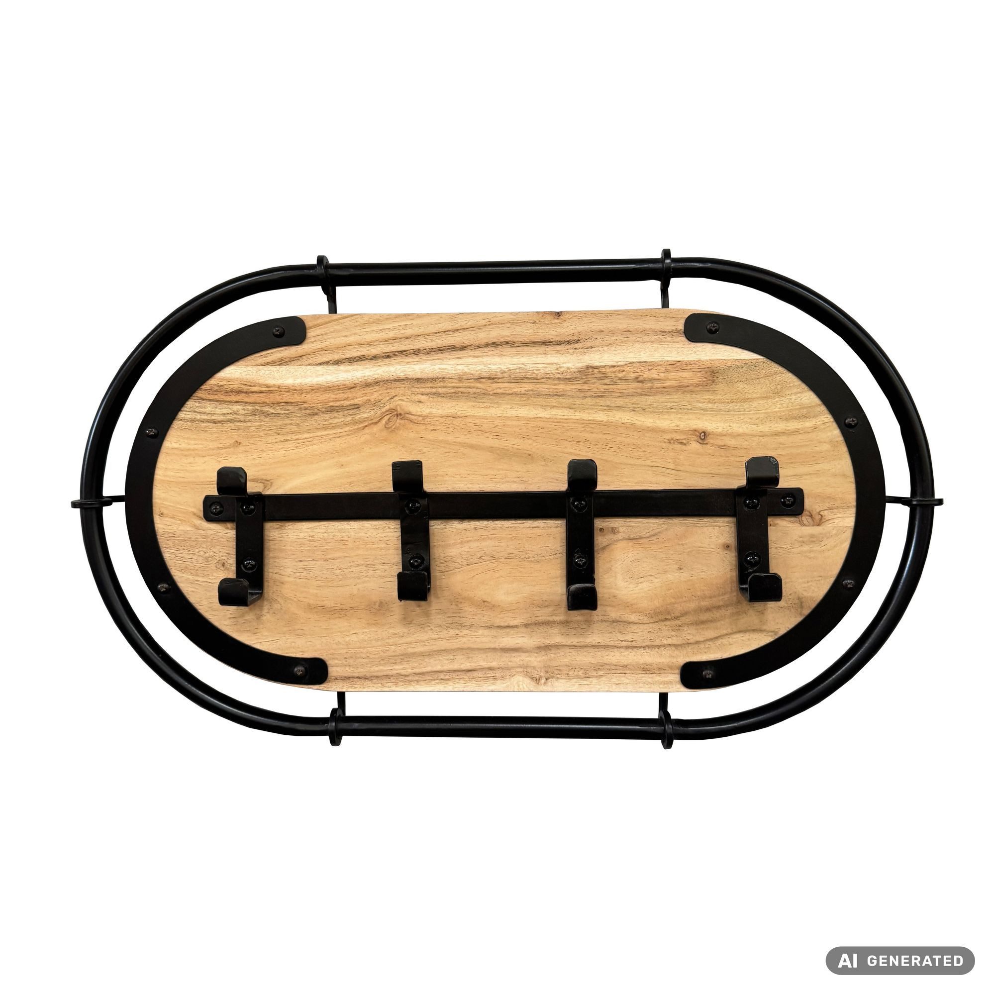 Wohnling Wandgarderobe WL7.845 Hängegarderobe 60cm Garderobe Flurgarderobe Massivholz Metall (Garderobenpaneel mit vier Haken für deinen Flur), Garderobenleiste mit ovalem Metallrahmen