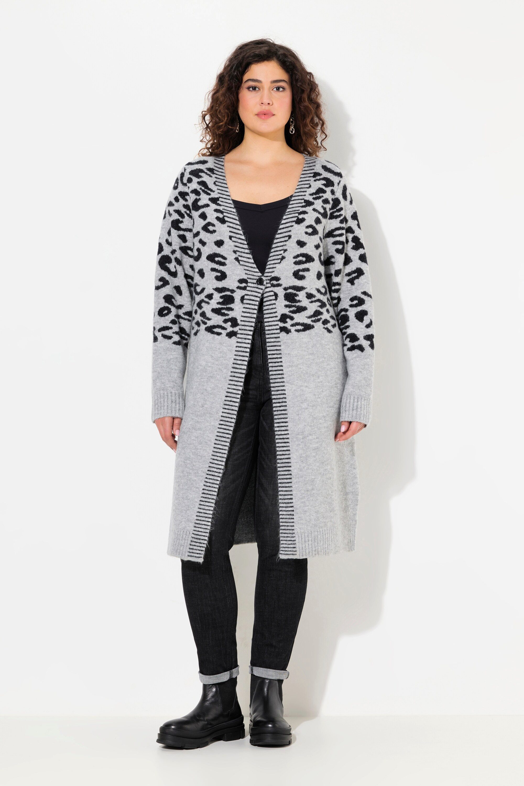 Ulla Popken Strickjacke Long-Strickjacke Leomuster V-Ausschnitt günstig online kaufen