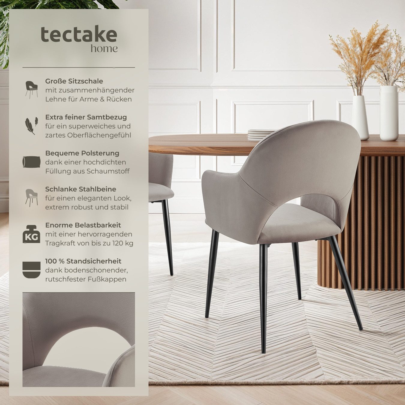 tectake Esszimmerstuhl Armlehnstuhl Sachel, Samtoptik, gepolstert, Belastba günstig online kaufen