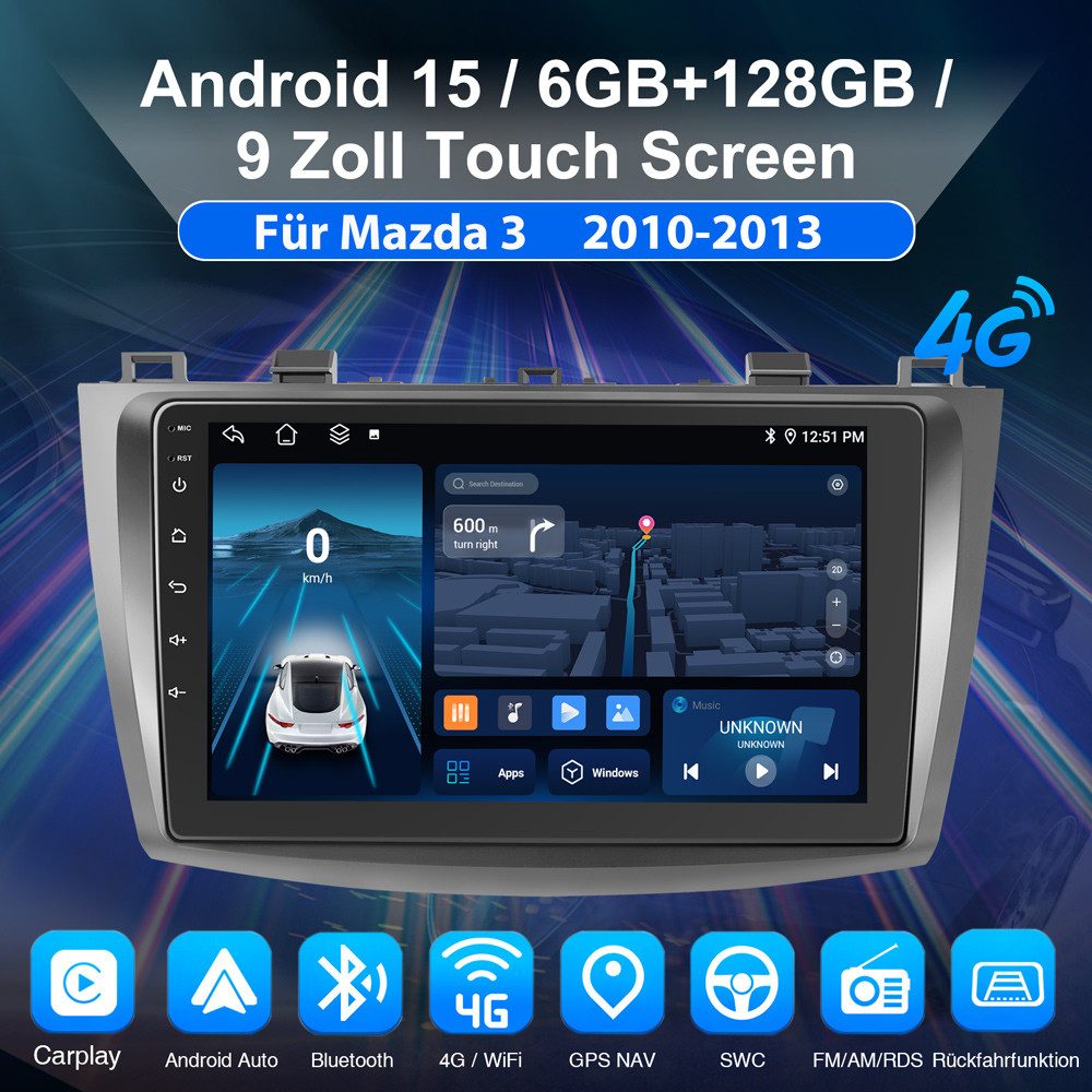 ESSGOO Für Mazda 3 BL 2010-2013 8-Kern 6+128GB RDS ASP 4G-LTE Android 15 Autoradio (RDS, Digitalradio (DAB), FM, AM, Carplay Android Auto Navi 4G LTE WIFI BT SWC)