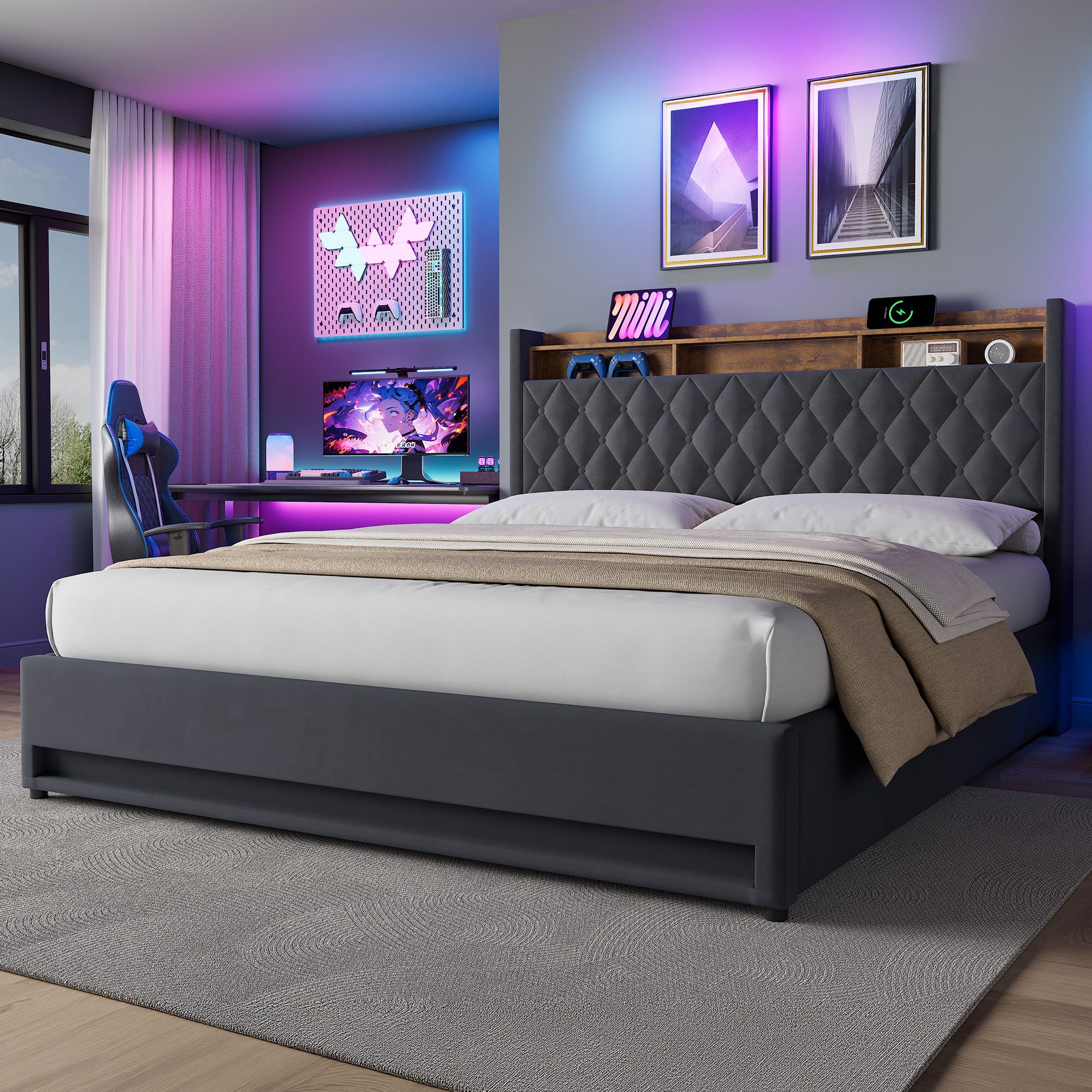 HAUSS SPOLE Polsterbett Jugendbett mit Stauraum,als Einzelbett-oder Doppelbett erhältlich (160x200cm Doppelbett mit Lattenrost, Ohne Matratze), Boxspringbett Schlafzimmerbett für Erwachsene