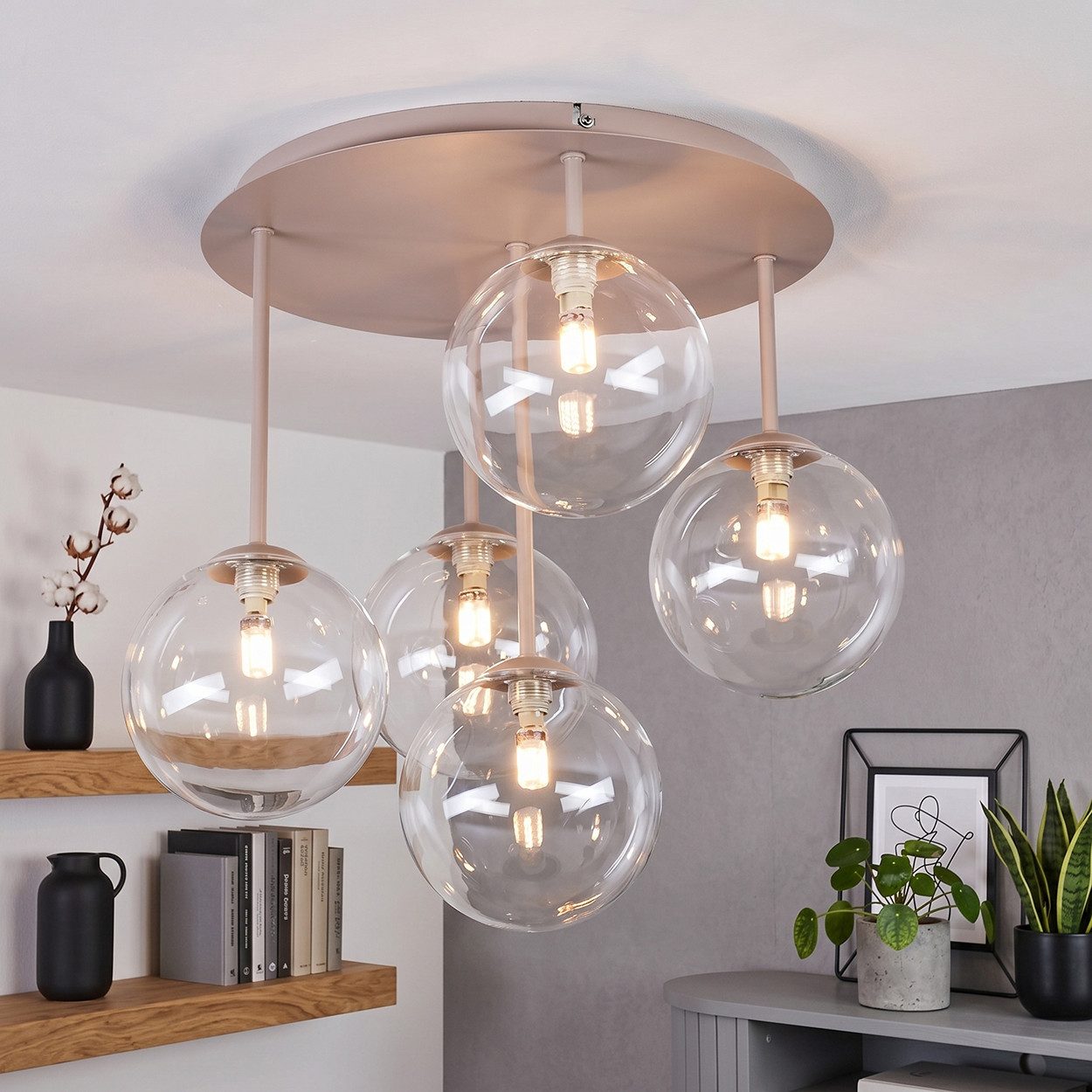hofstein Deckenleuchte Deckenlampe aus Metall/Glas in Sandfarben/Weiß/Klar, moderne Deckenleuchte im Retro/Vintage-Design, 5 x G9