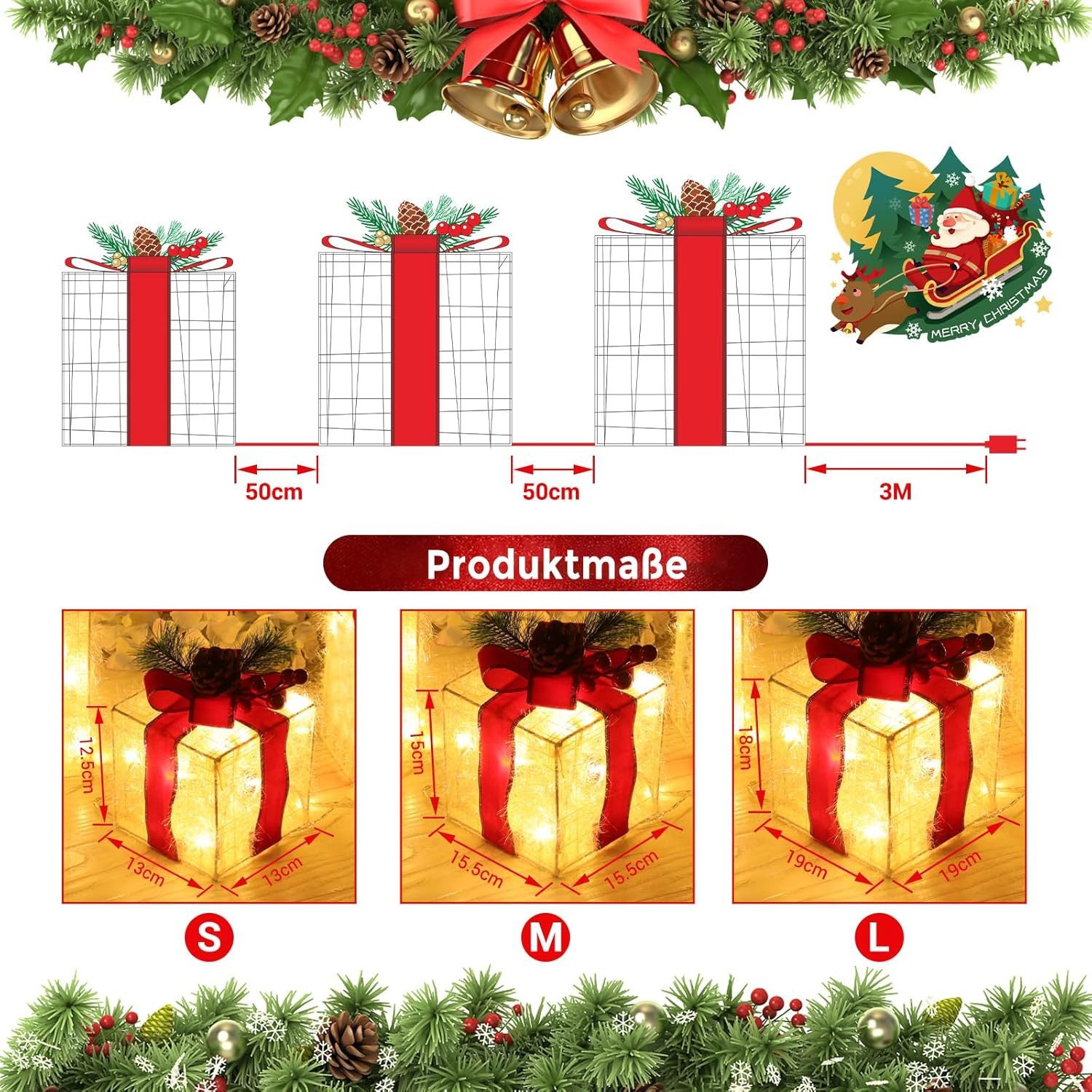 Quntis Weihnachtsfigur 3er Set LED Geschenkbox Weihnachten, Weihnachtsdeko mit Stecker, Timer (3 St), 60 warmweiße LEDs, Weihnachtsbeleuchtung für Baum, Fenster – Bild 4 von 5