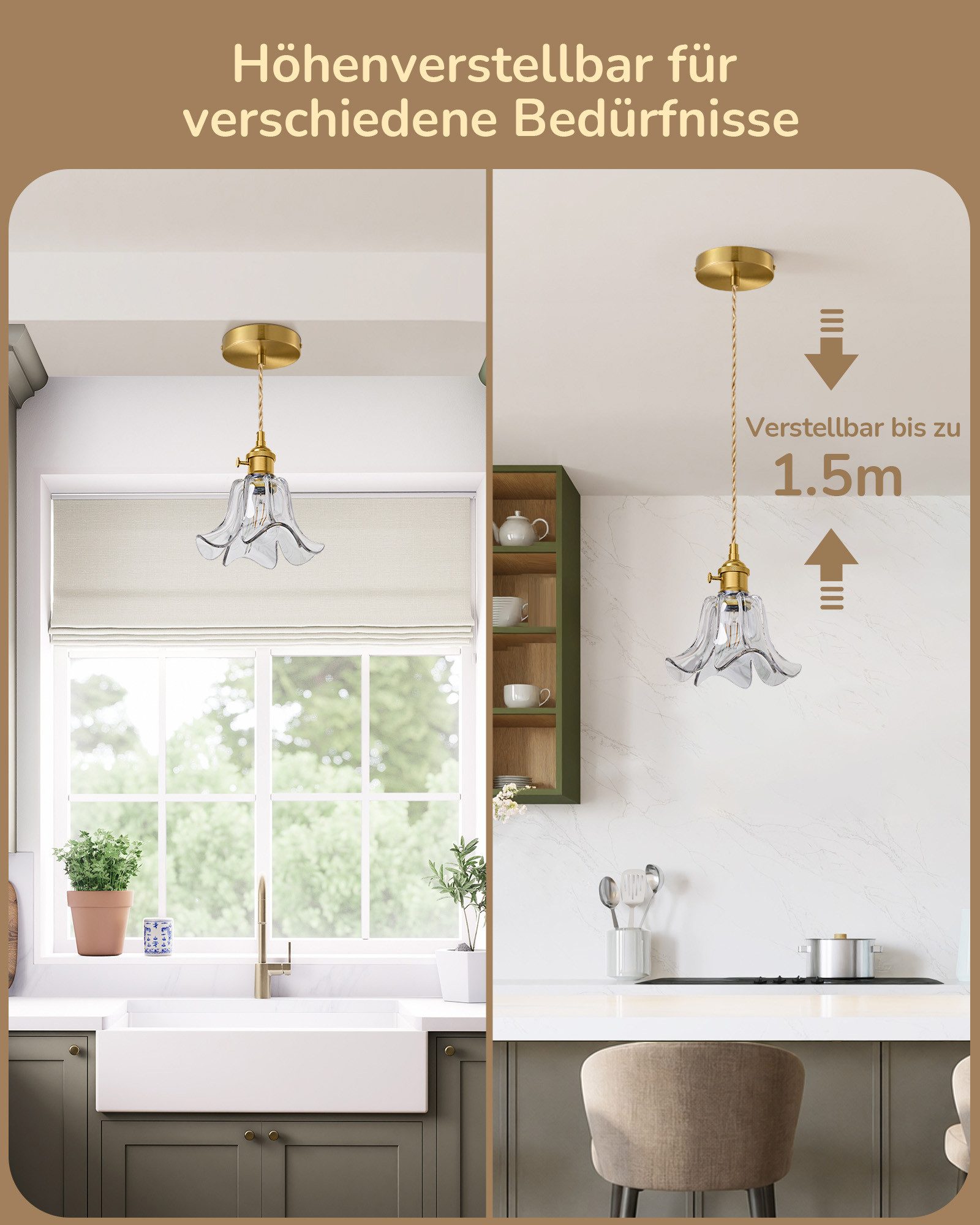 EDISHINE Pendelleuchte Glas, LED wechselbar, warmweiß, 1,5 m höhenverstellbares Hanfseil, für Kücheninsel, Esstisch und Flur