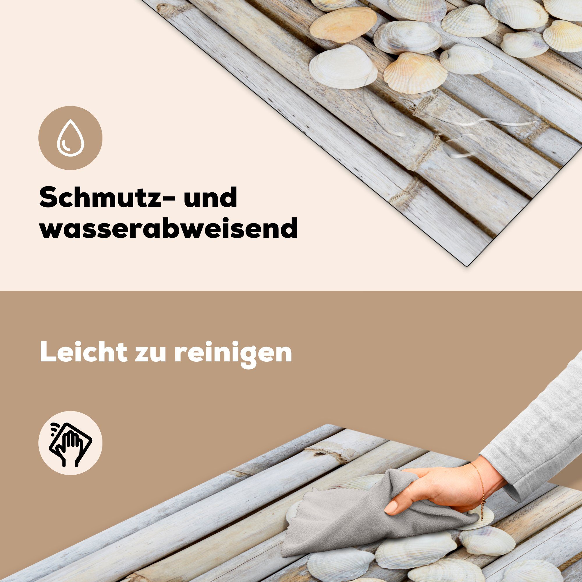 küche Herdblende-/Abdeckplatte - 78x78 - (1 Arbeitsplatte für Vinyl, cm, MuchoWow - Herz Strand Muschel tlg), Ceranfeldabdeckung, Meer,