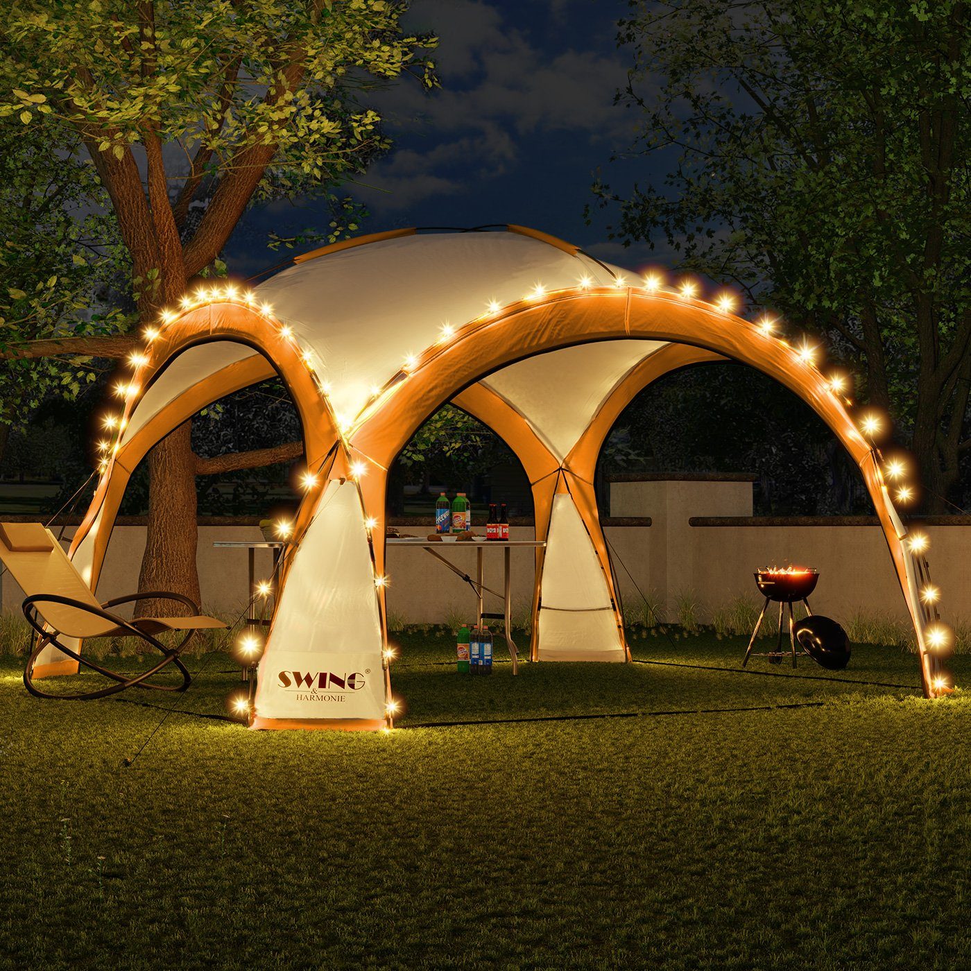 Swing&Harmonie Faltpavillon LED Event Pavillon XXL DomeShelter 450cm, inkl. Solarmodul Designer Gartenzelt mit Beleuchtung Camping Partyzelt