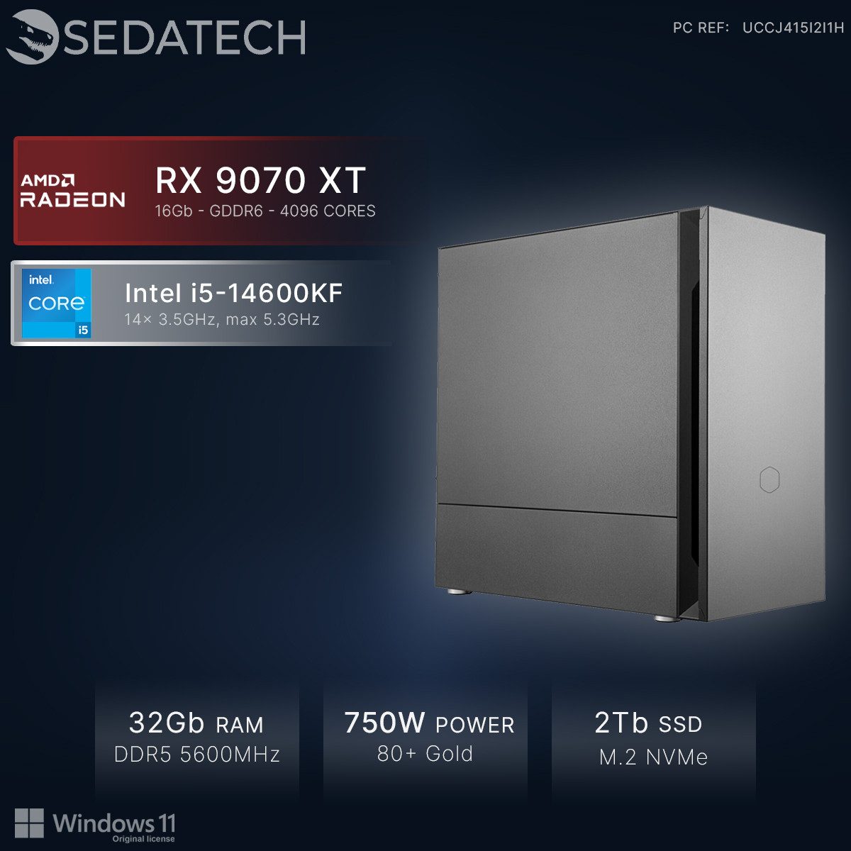 Sedatech UCCJ415I2I1HF - Gaming-PC (Intel Core i5 14600KF 14x 3.5GHz (max 5.3GHz), Radeon RX 9070 XT 16GB, 32 GB RAM, 2000 GB SSD, Wlan 6E)