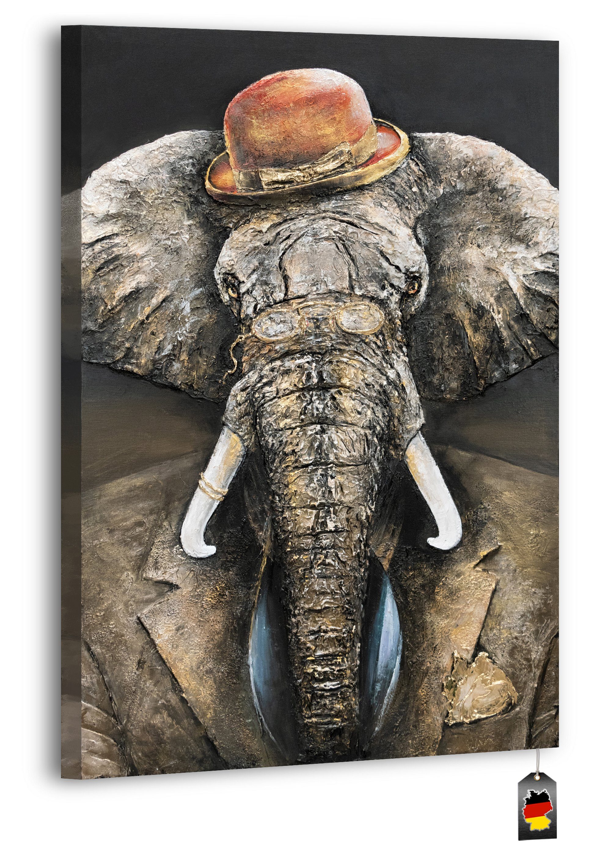 YS-Art Gemälde Herrschaft, Tiere, Leinwand mit Tier Bild Handgemalt Gold Hut Elefant in