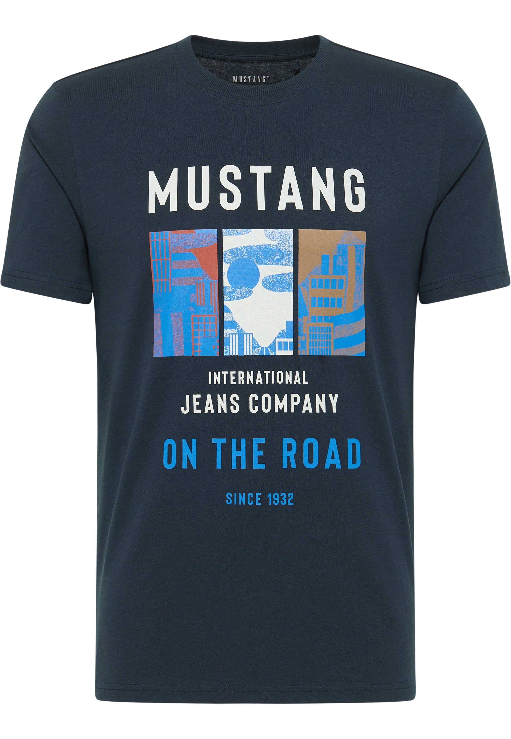 MUSTANG Kurzarmshirt Mustang T-Shirt Print-Shirt, Gerippter  Rundhalsausschnitt