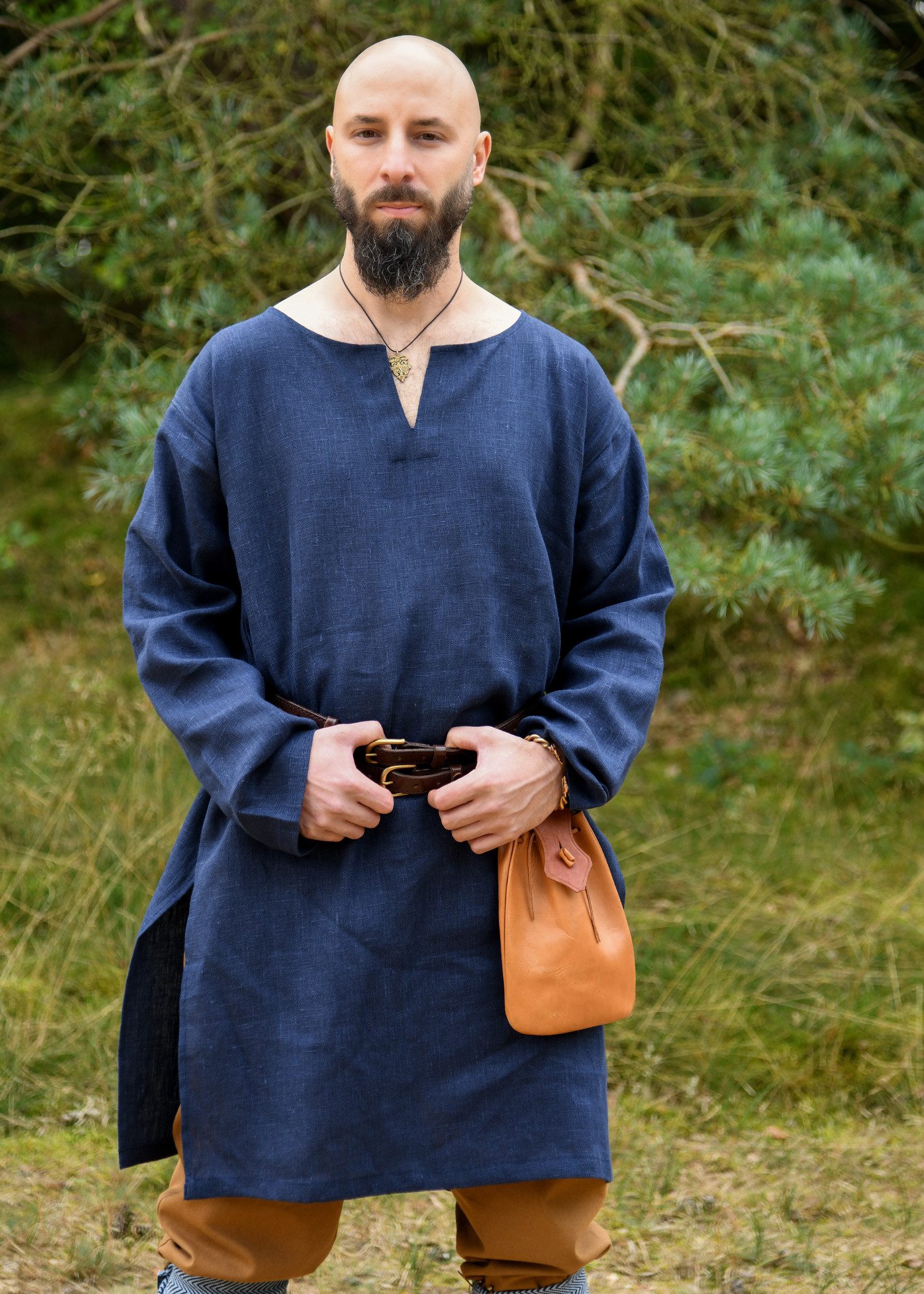Battle Merchant Wikinger-Kostüm Mittelalter Leinen Tunika, dunkelblau
