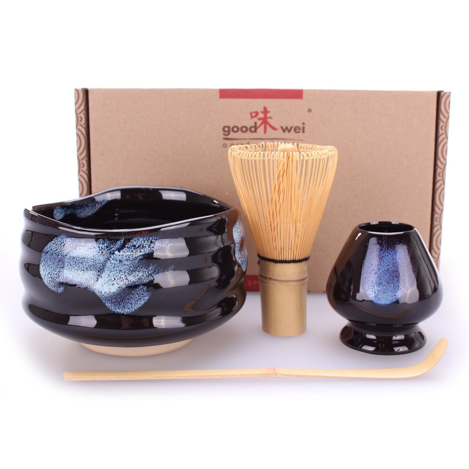Goodwei Teeservice Matcha-Set "Burashi" 120 mit Teeschale, Matchabesen und Besenhalter (4-tlg), Keramik