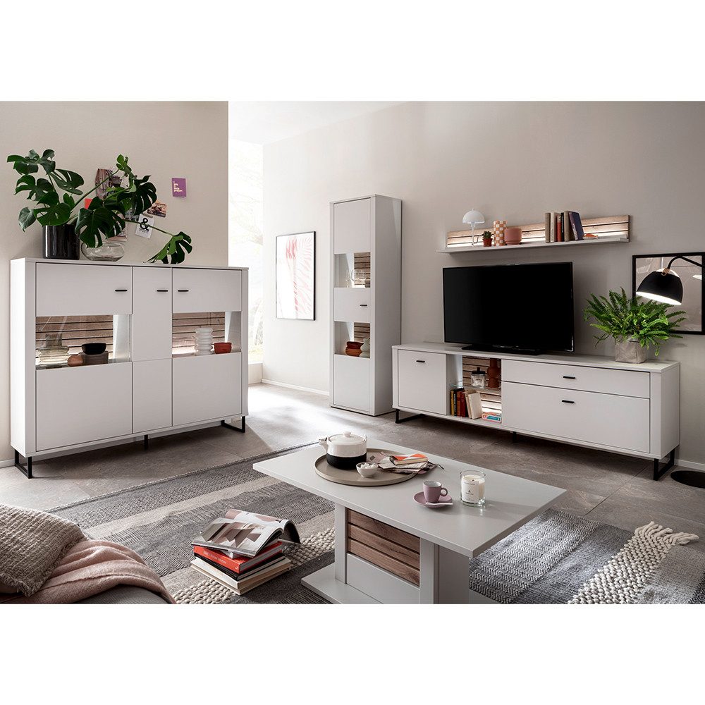 Lomadox Couchtisch LAUREANA-05, Sofatisch Wohnzimmertisch, weiß mit Eiche