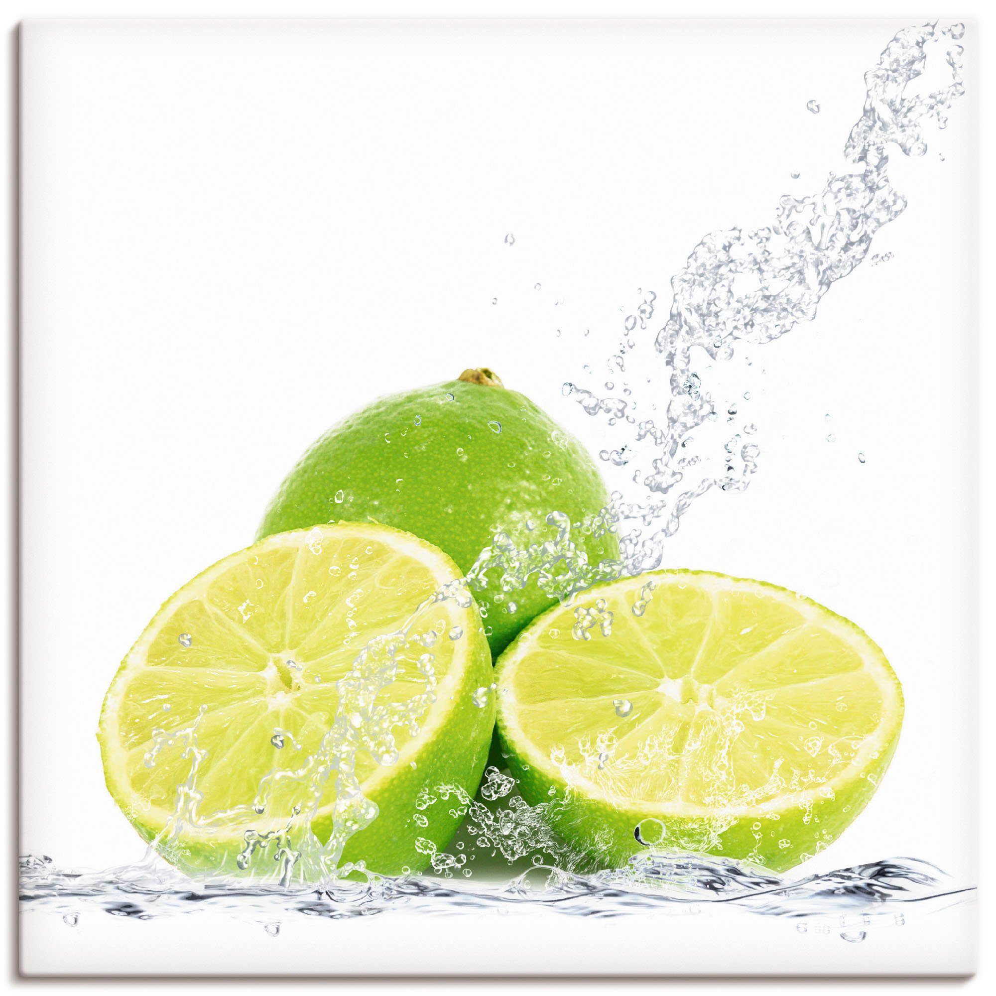 Artland Leinwandbild Limette mit Spritzwasser, Lebensmittel (1 St), auf Holzrahmen gespannt