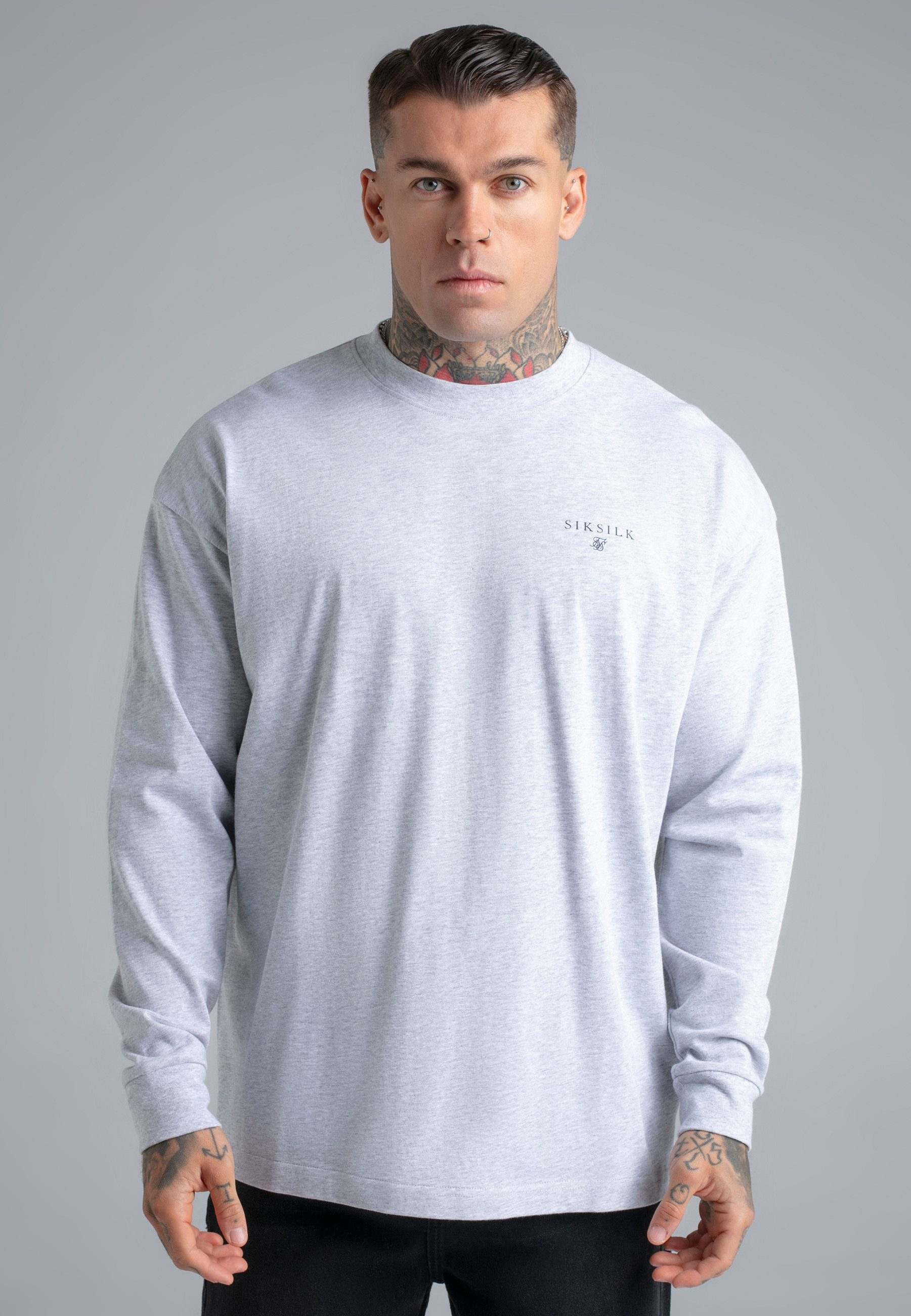 Siksilk Langarmshirt SikSilk Herren Grau Meliert Langarm T-Shirt
