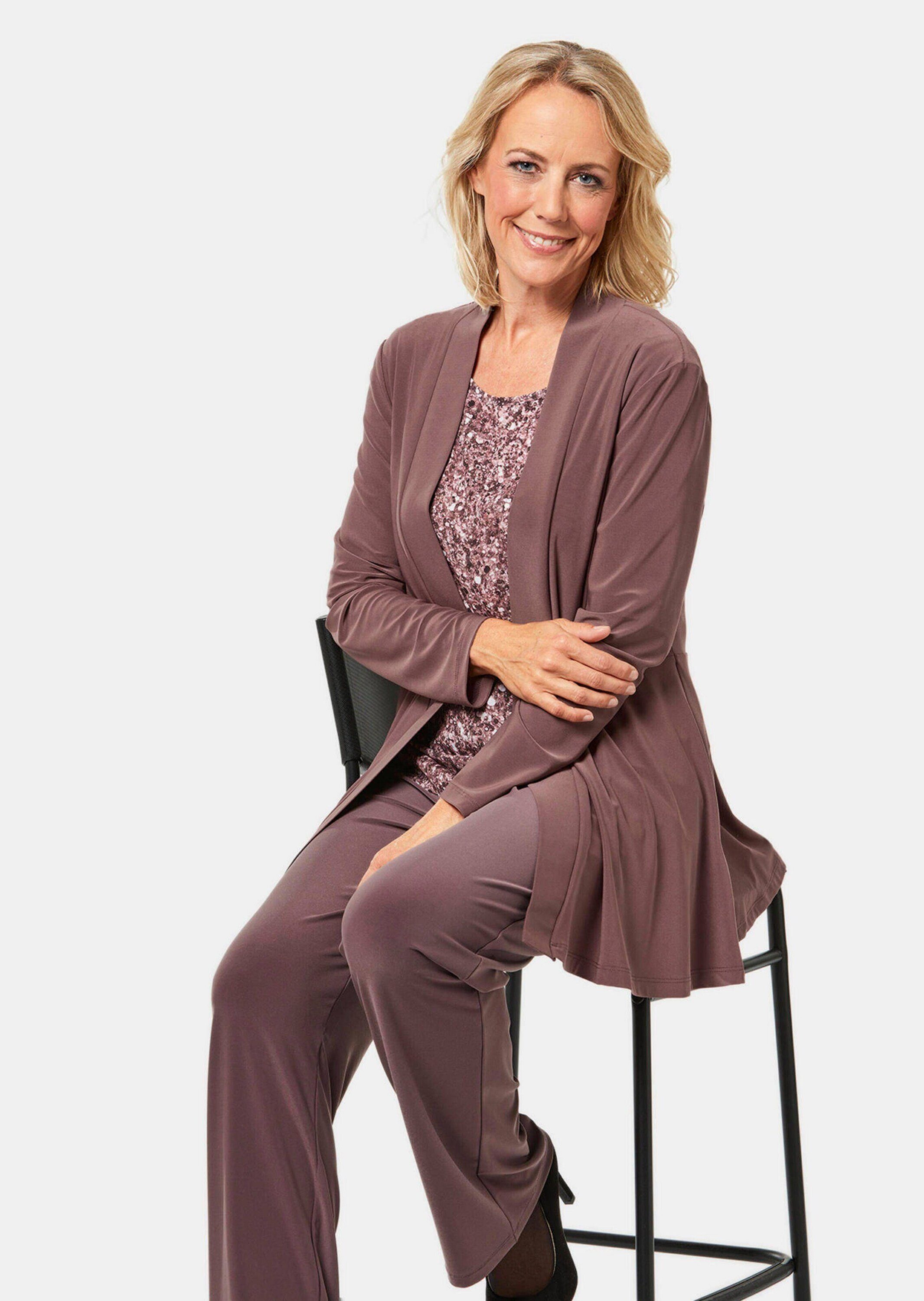 GOLDNER Shirtjacke Leichte Shirtjacke lila mit Stretch Damen Indoorjacke Uni, Shirtjacke, kaschierend, elegant, Schalkragen
