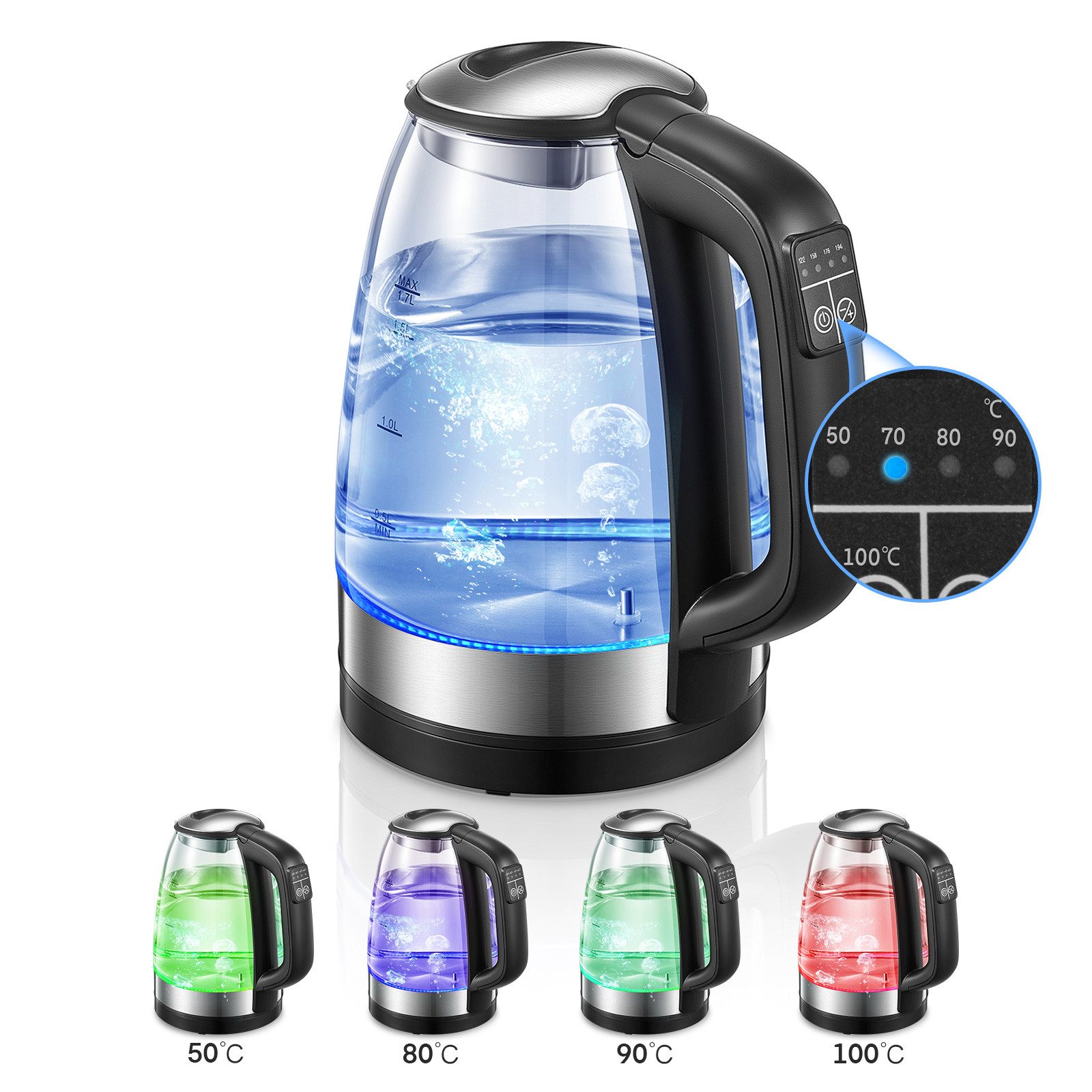 FOHERE Wasserkocher mit Temperaturregelung von 50 bis 100 °C, BPA-frei, 1.7 l, 2200 W, aus lebensmittelechtem Borosilikatglas und Edelstahl