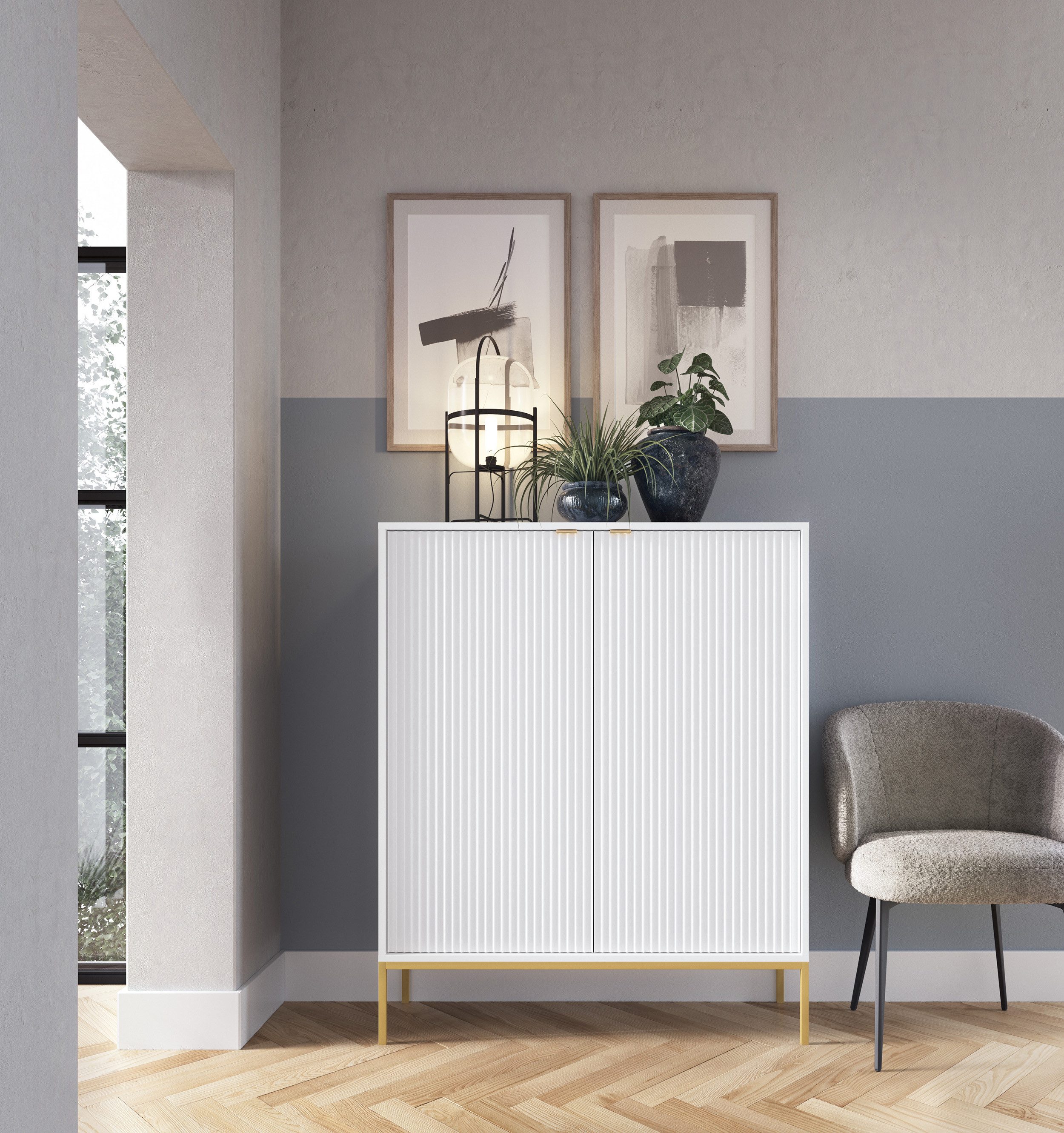 Selsey Highboard VELLORE, 2-türig mit 6 Fächern, goldenem Gestell, 125 cm hoch