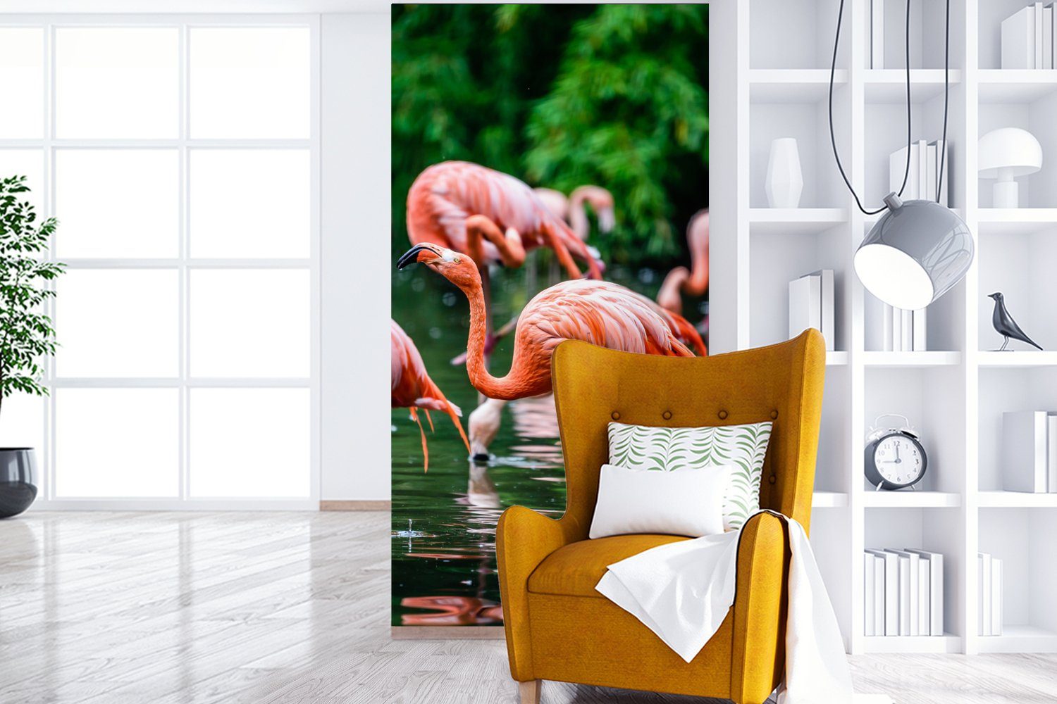 MuchoWow Fototapete Flamingo - Tropisch Vliestapete Wohnzimmer - - - St), Schlafzimmer für bedruckt, Küche, Matt, Wasser Fototapete (2 Rosa, Vogel