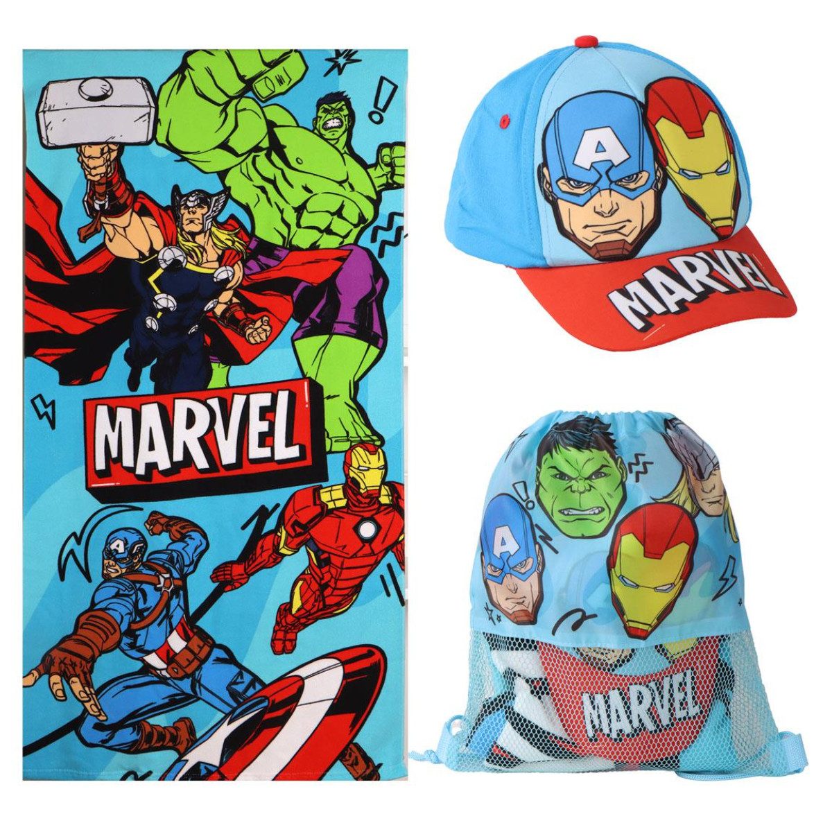 MARVEL Strandtuch Avengers Set Strandtuch 70 × 140 cm Baseballkappe und Turnbeutel