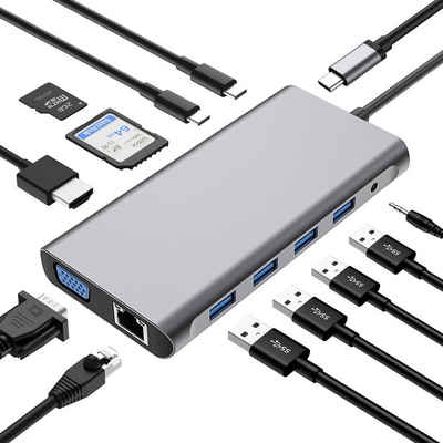 AURUM Laptop-Dockingstation 12in1 USB-C HUB Docking Station Adapter Display 4K-HDMI USB 3.0 RJ45, (1 St)