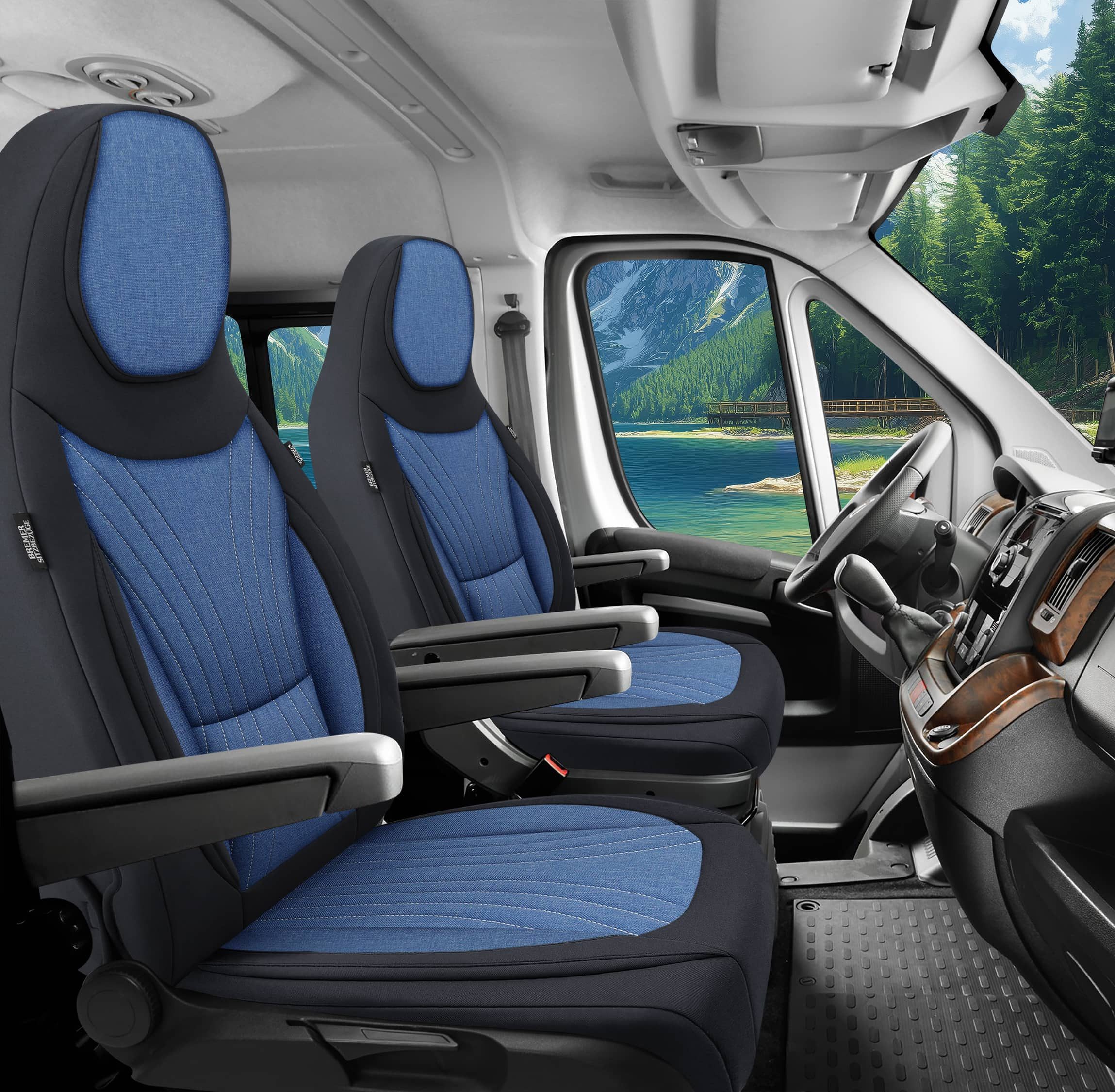 BREMER SITZBEZÜGE Autositzbezug für Benimar Benivan (C6), Set, 2-tlg., Schonbezüge Sitzbezüge Fahrer und Beifahrer, in Schwarz/Blau