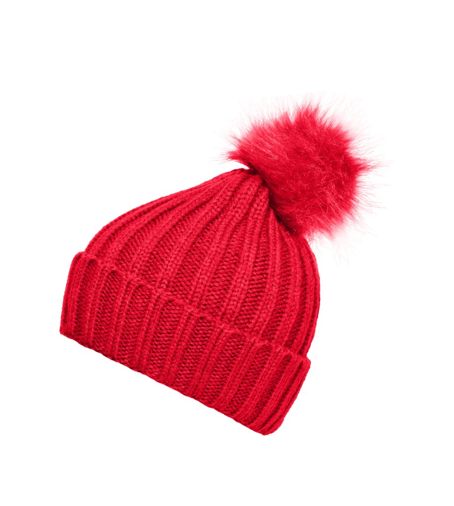 MB7129 Strickmütze Beach extra mit Pompon Elegante Myrtle breitem Ripp Umschlag Strickmütze großem Modischer Damen red mit