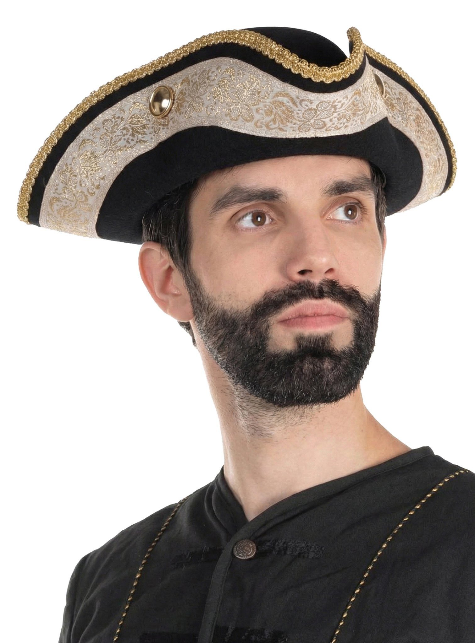 thetru Piraten-Kostüm Dreispitz mit goldener Bordüre, Schwarz-goldener Piratenhut mit eleganten Verzierungen