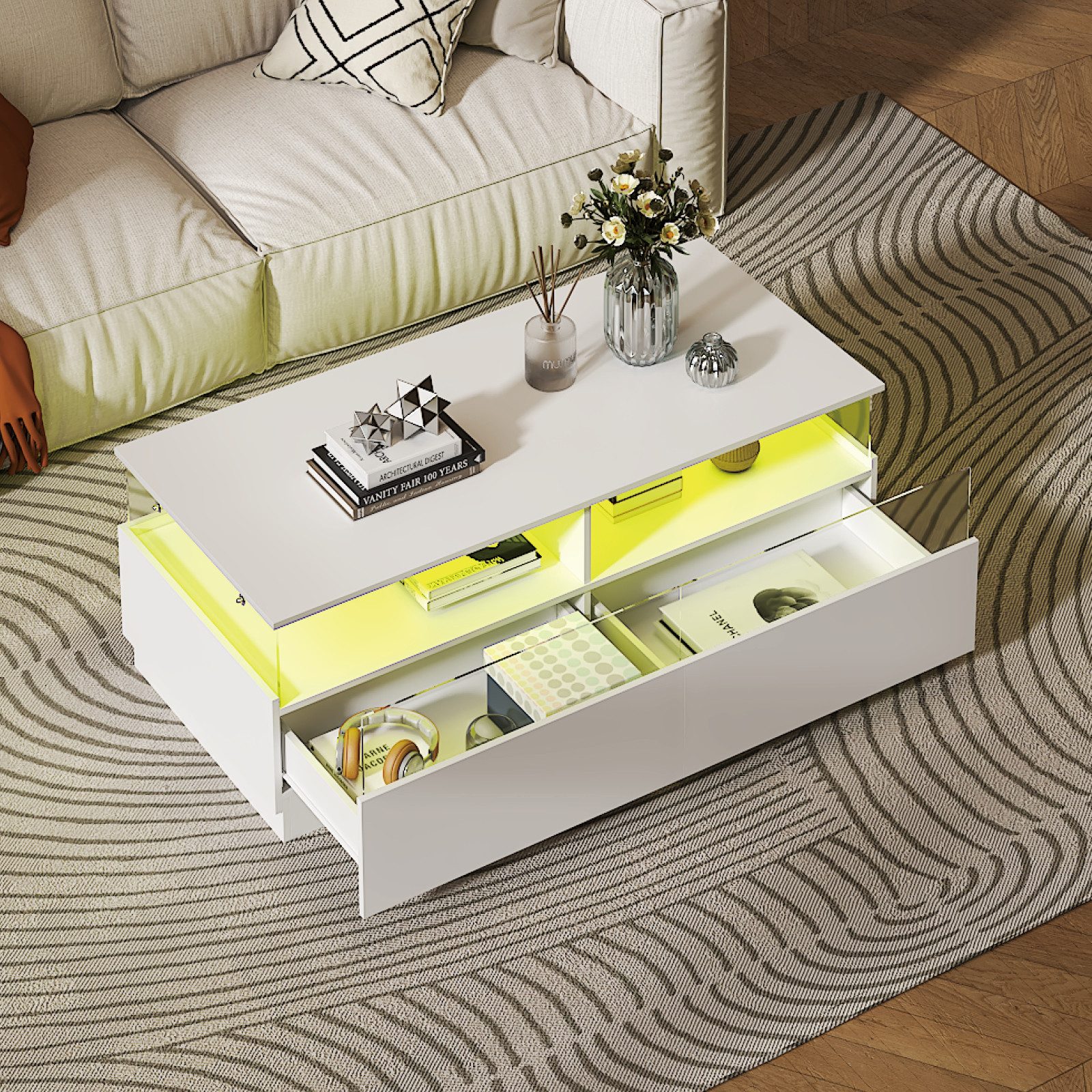 radelldar Couchtisch mit LED-Beleuchtung und 2 Acryltüren-Schubladen (1-St), Wohnzimmertisch Beistelltisch 108 x 50 x 40 cm – Bild 3 von 5