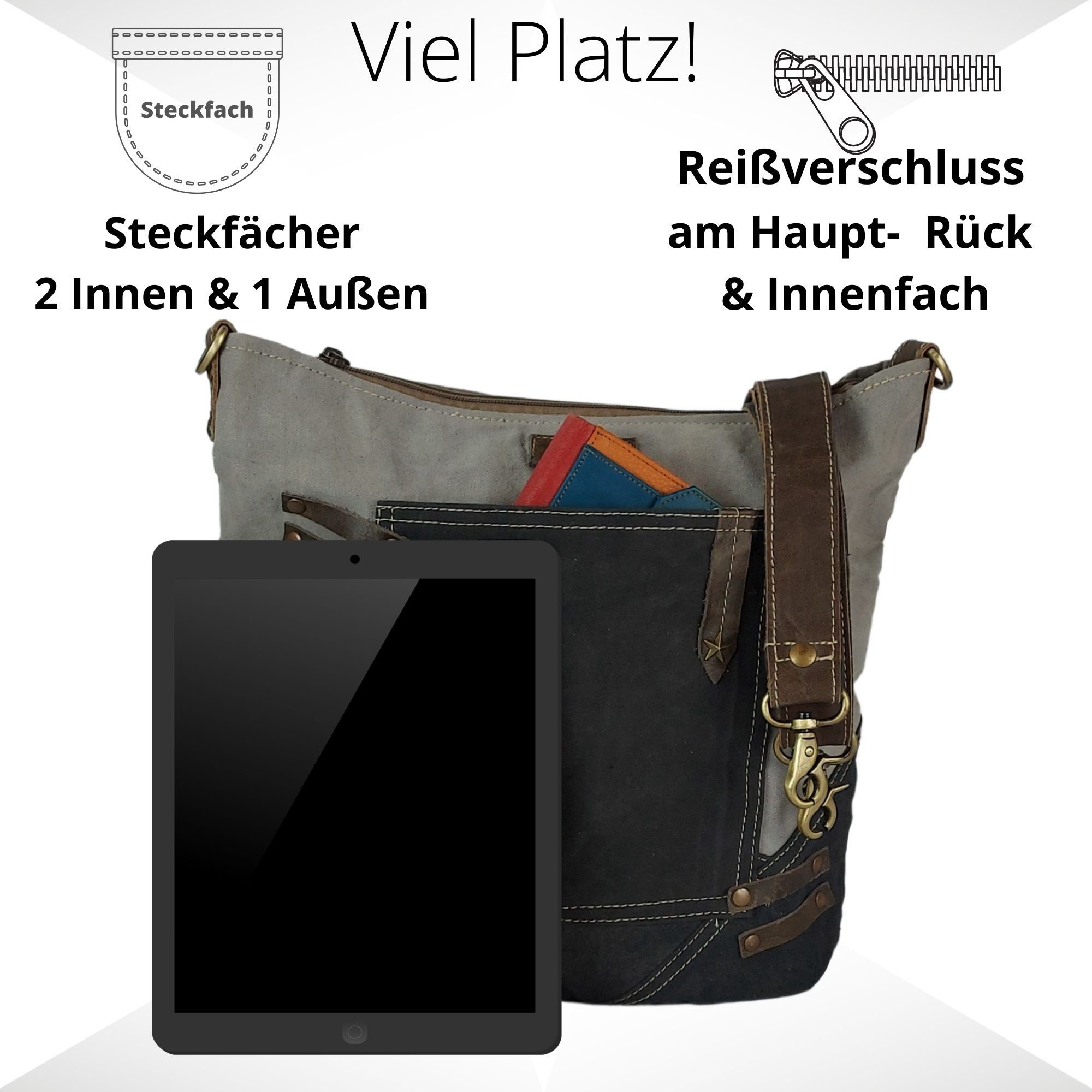 Material Große Nachhaltige Handtasche Schwarze Schultertasche Leder, Canvas Umhängetasche Vintage Leder. Tasche. Crossbody Sunsa Echtes enthält Umhängetasche. Geschenkideen, Damen recyceltes als mit