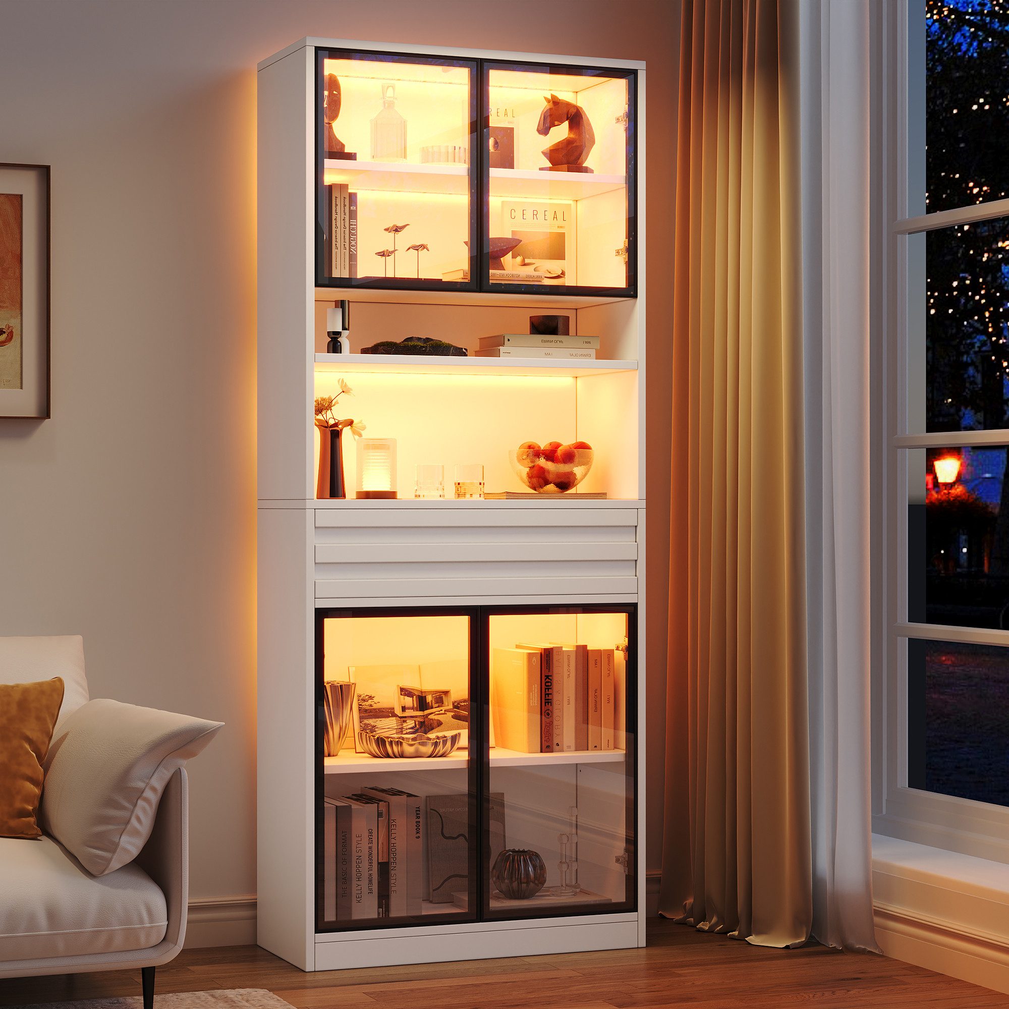 Merax Glasvitrine mit RGB LED-Beleuchtung inkl. App-Steuerung, 80 L x 35 B x 200 H cm (1-St., Wohnzimmerschrank Bücherschrank Ausstellungsschrank) Vitrine Hochschrank mit 4 Glastüren, Schublade & Stauraum
