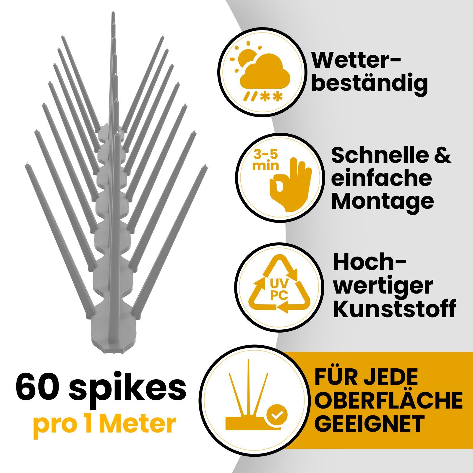 KONZEPT Taubenspikes Taubenabwehr für Balkon, Garten, Terasse - Vogelschreck 3-reihig, Set, 3-St., für Balkon, Fensterbank, Dachbalken - Tierfreundlich, 3 stk. x 33 cm