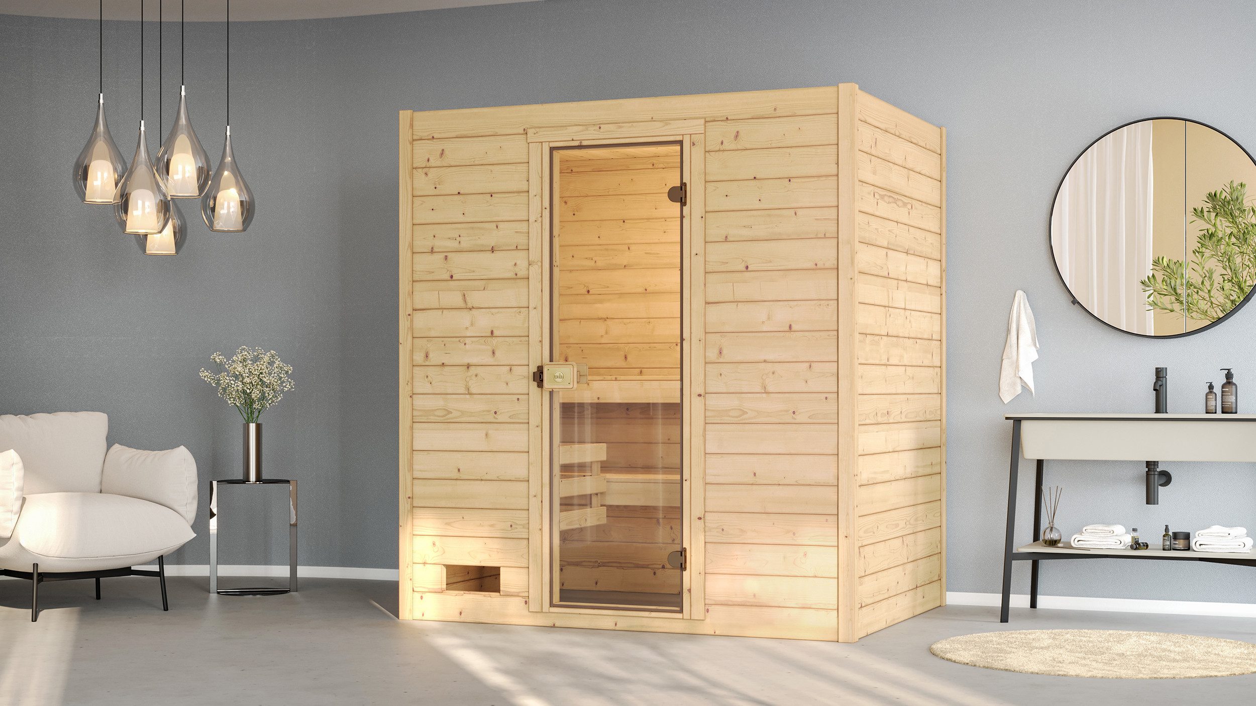 weka Sauna Massivholzsauna VALIDA 2, BxTxH: 189 x 139 x 203,5 cm, 38 mm, Blockbohlen, moderne Ganzglastür