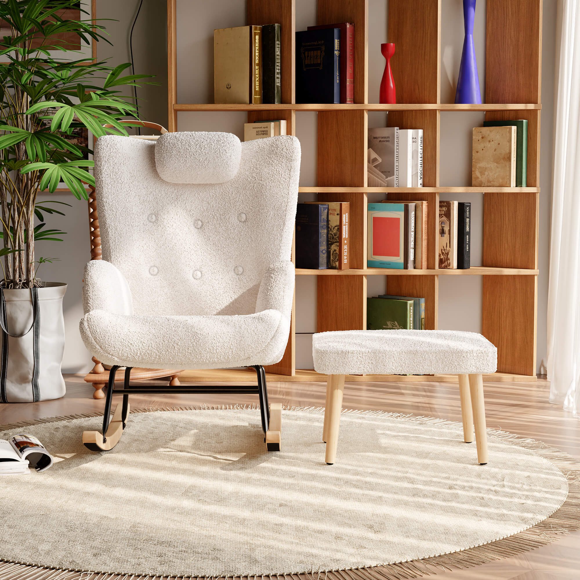 Furnishings Home Schaukelstuhl Weißer Polsterstuhl + Polsterhocker + Kopfkissen (2 St), inklusive 1 Fußstütze und 1 Lendenkissen, Modern Design