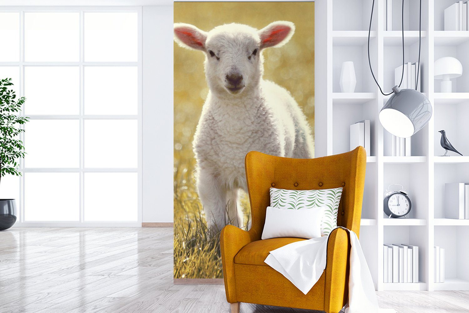MuchoWow Fototapete Schafe - - (2 St), für Sonne, Küche, Wohnzimmer Schlafzimmer bedruckt, Vliestapete Gras Fototapete Matt
