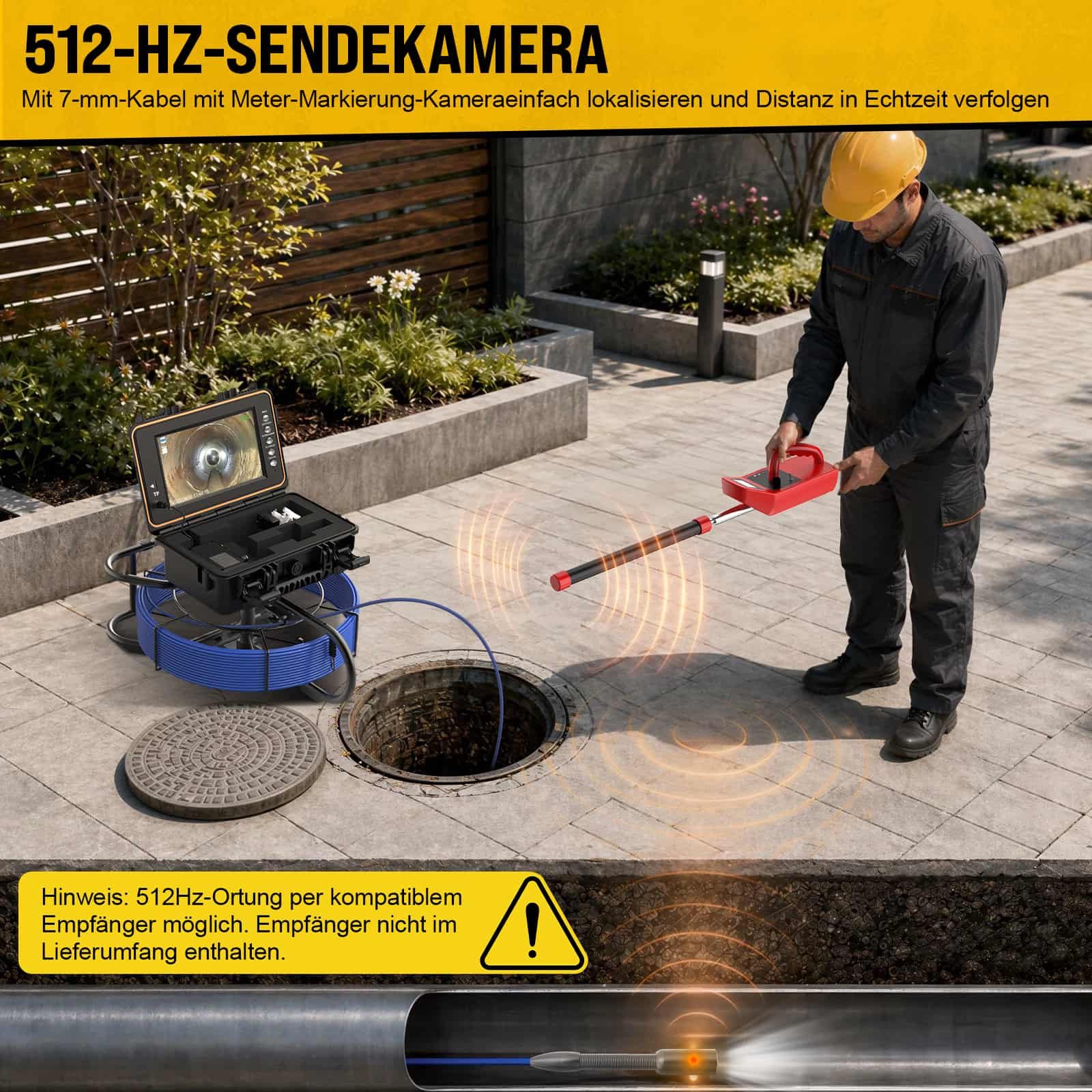 ANYSUN L09D2 Kanalkamera 30m mit Selbstnivellierend Meterzähler 512-Hz-Sender Inspektionskamera (Rohrkamera mit DVR, Audioaufnahme, HD 9" HD‑Display, 12 Licht 23mm Wasserdicht, 7mm Kable)