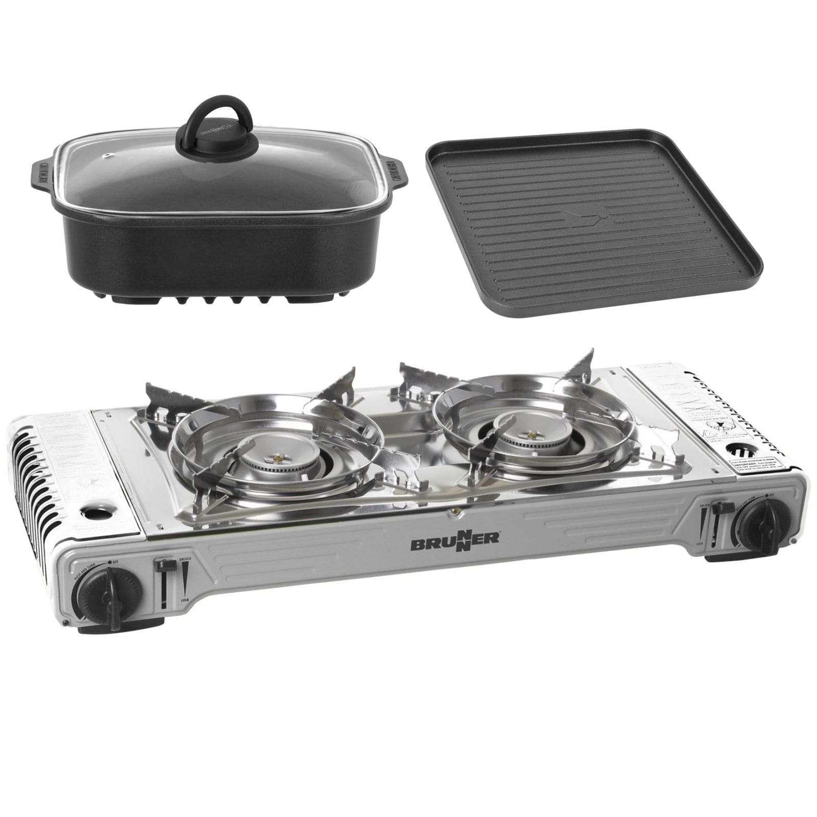 BRUNNER Gaskocher BRUNNER DEVIL DOUBLE GRILL Campingkocher Set Zweiflammig, Vielseitig, (Gaskocher + Grillplatte + Alu-Kasserolle)