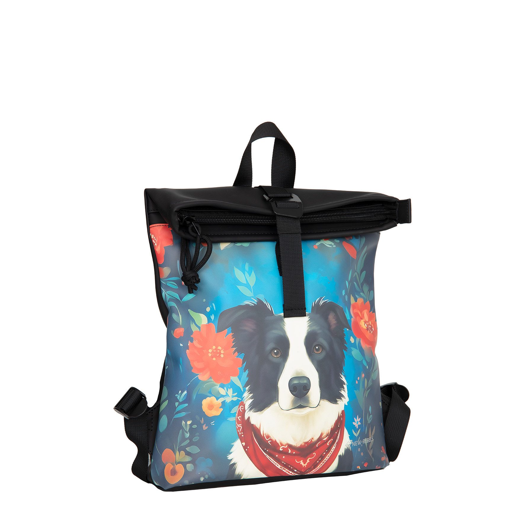 NEW REBELS Cityrucksack kleiner Roll Up RollTop Kurier Rucksack Mart Los Angeles Border Collie, wasserabweisendes Material mit Border Collie Design