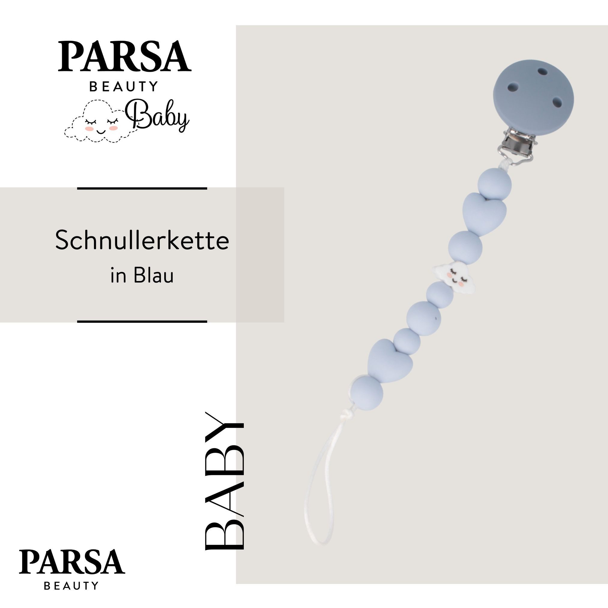 PARSA Beauty Schnuller Baby Schnullerkette, Silikonperlen in Blau mit sicherem Clip
