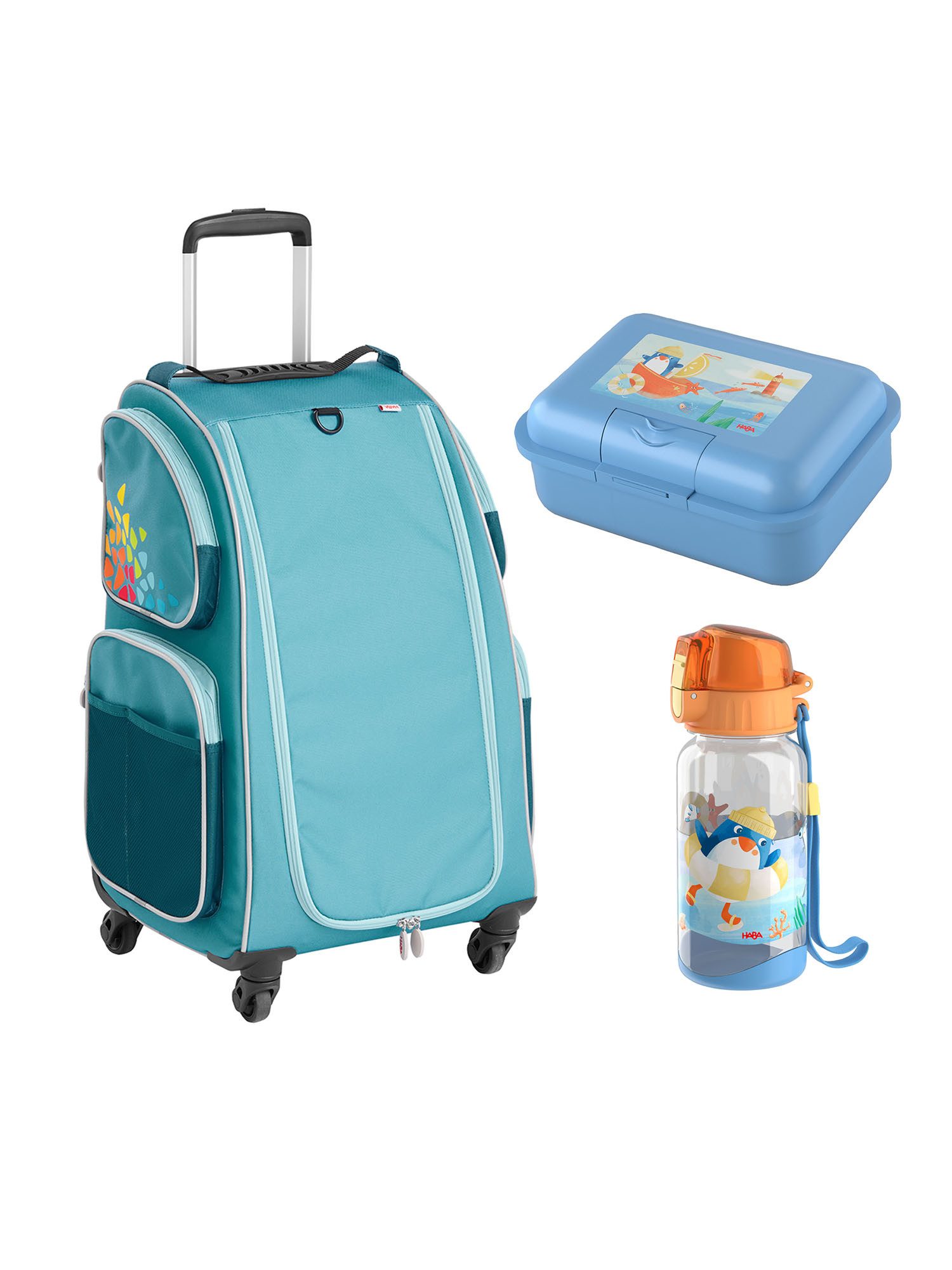 Haba Kinderkoffer Schranktrolley 4 Rollen, Brotdose und Trinkflasche, Reisekoffer Kinder, Trolley Kinder, Kofferset Kids