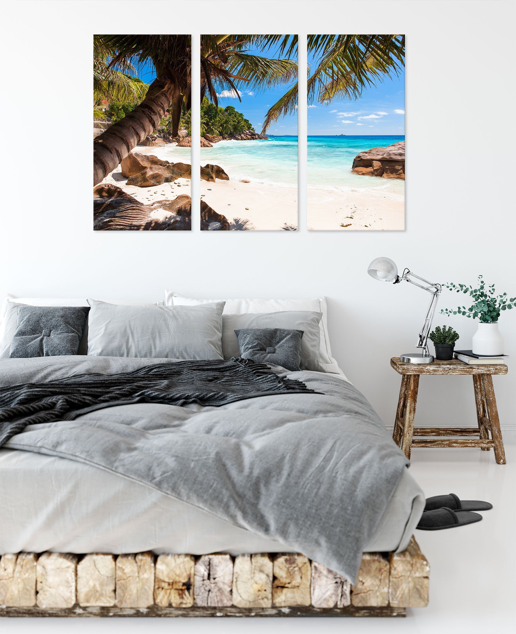 (1 Leinwandbild Seychellen, St), inkl. Zackenaufhänger Leinwandbild Palmenstrand Palmenstrand Pixxprint Seychellen fertig 3Teiler bespannt, (120x80cm)