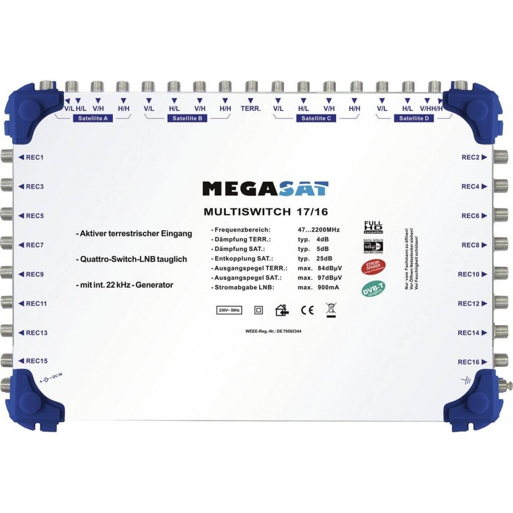 Megasat Megasat Multiswitch 17/16 - kompakter Multischalter. Camping Sat-Anlage (Kompatibel mit Quattroswitch-LNB), Kompaktmultischalter mit 17 Eingängen und 16 Ausgängen