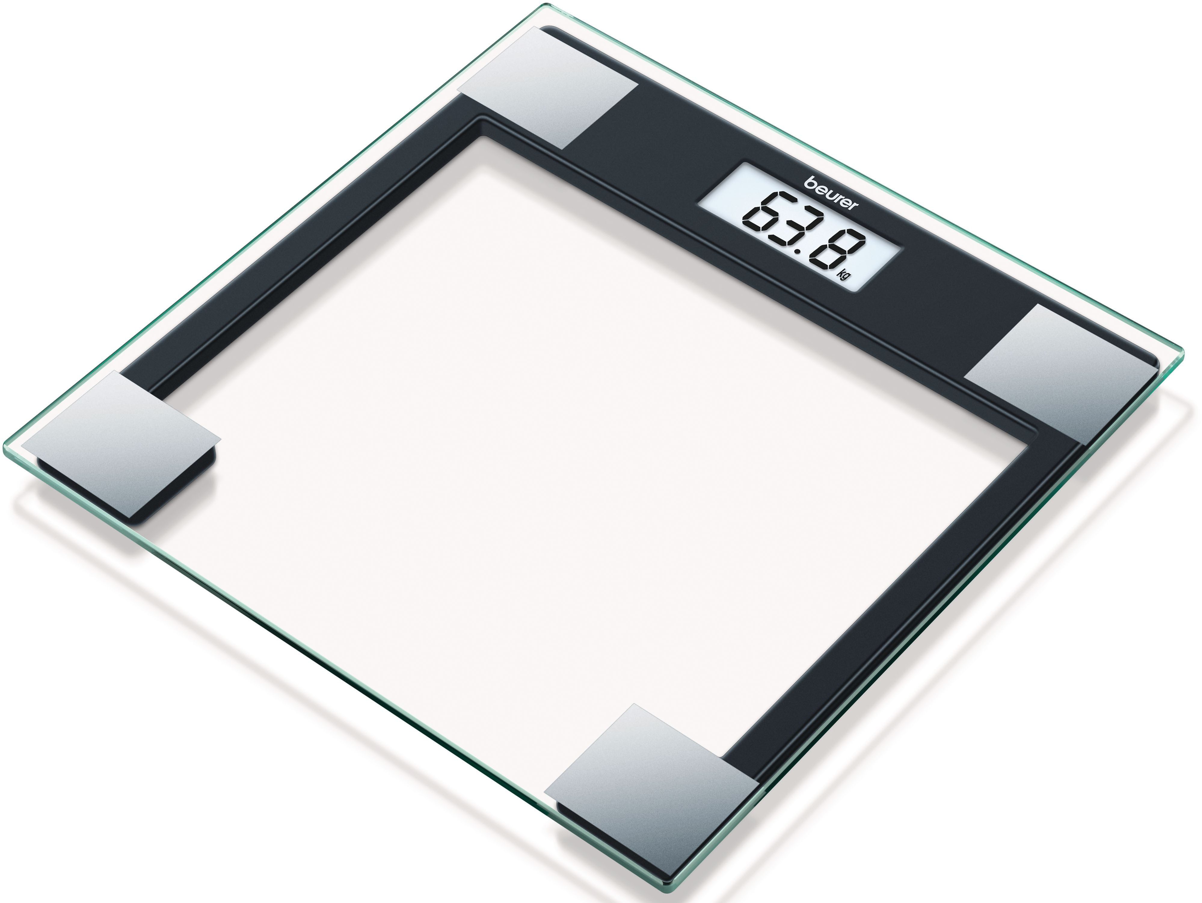 BEURER Personenwaage GS 14 mit Wiegefläche aus extra klarem Sicherheitsglas, Flache Bauhöhe, Tragkraft bis 150 kg, Überlastungsanzeige