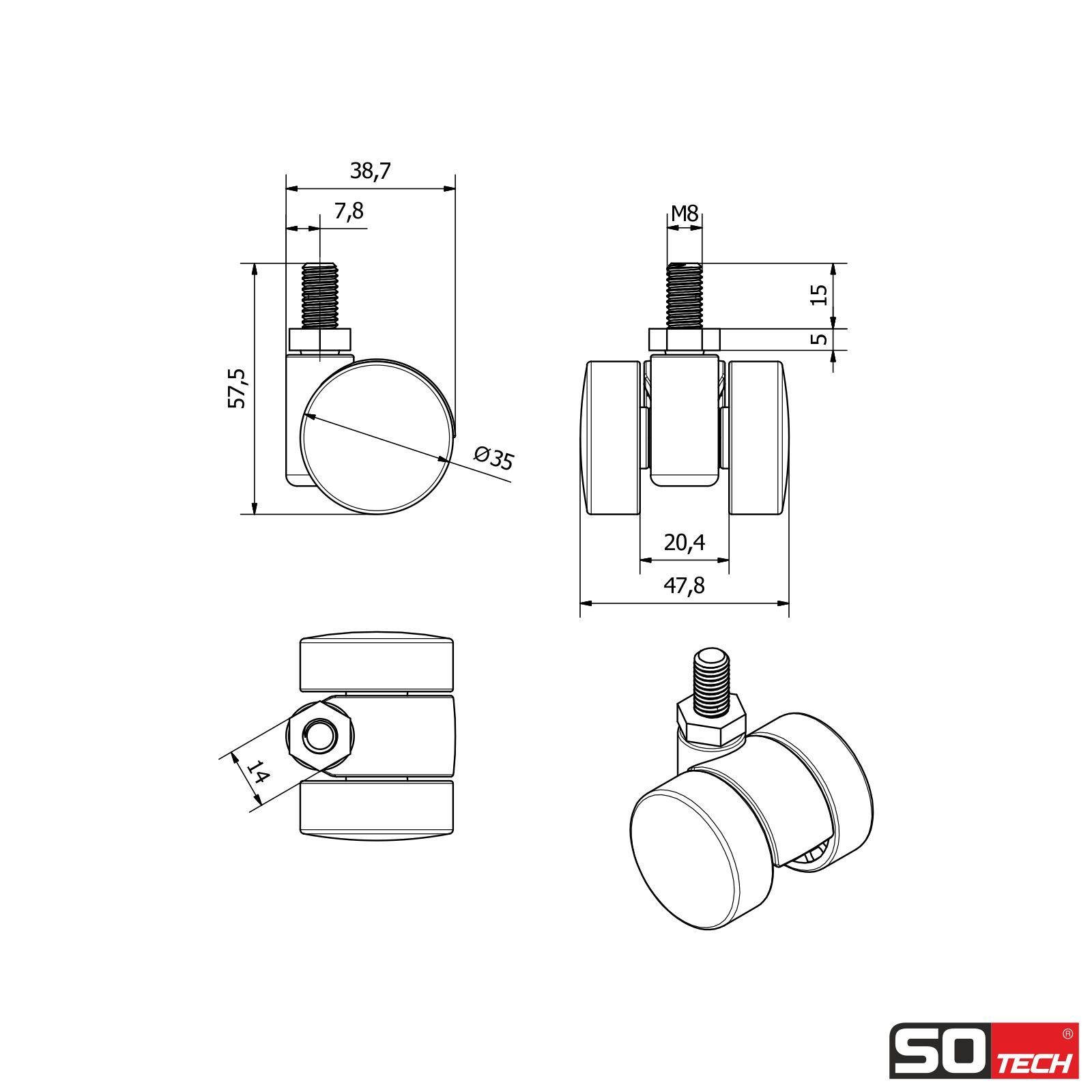 SO-TECH® Doppelrolle AACHEN Ø 35 mm Tragkraft pro Möbelrolle 40 kg, mit M8 Gewindestift – Bild 5 von 5