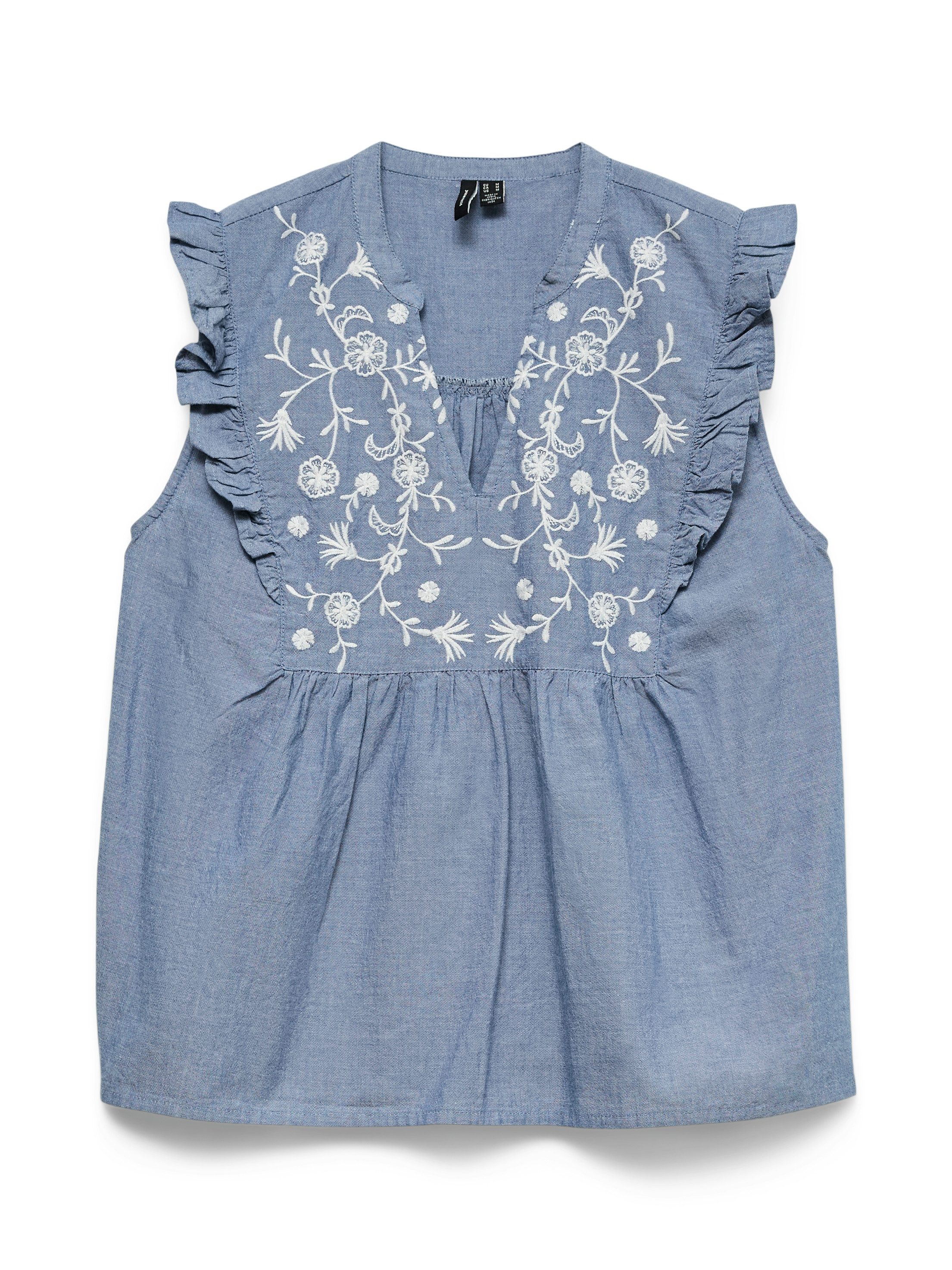 Vero Moda Rüschentop VMHANNAH EMB SL TOP WVN NOOS Baumwolle