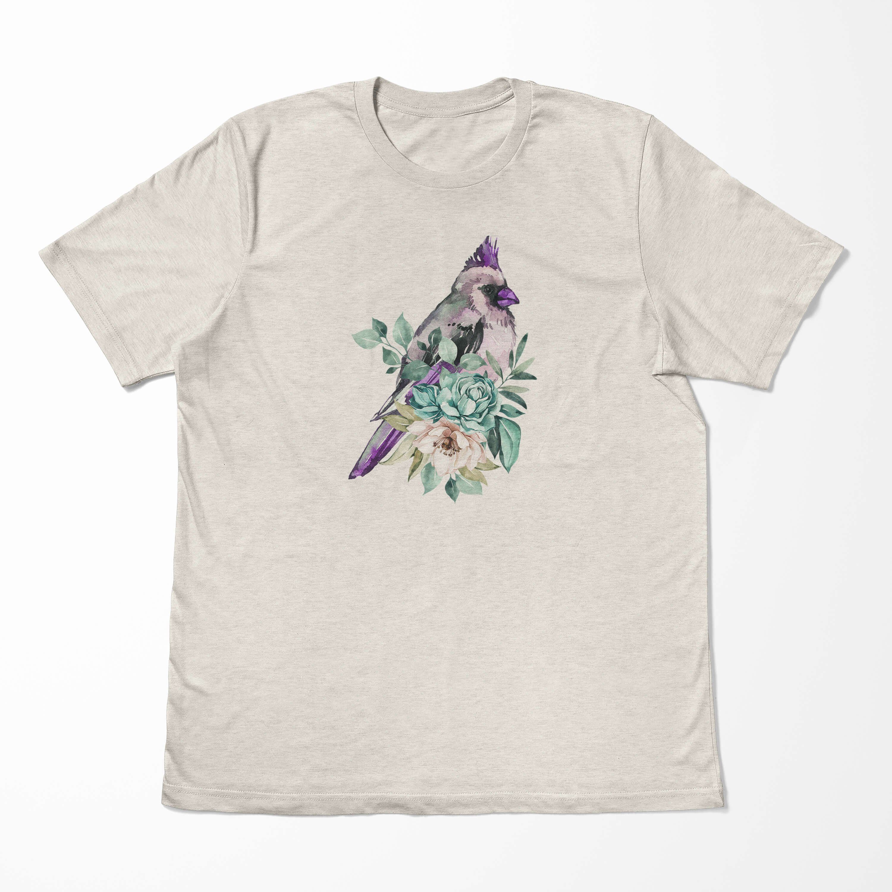 Sinus Art T-Shirt Herren Shirt Blumen Organic Bio-Baumwolle Aquarell T-Shirt Nachhaltig Vogel Motiv (1-tlg) Farbe Ökomode