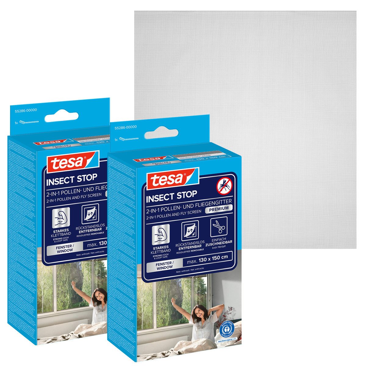tesa Fliegengitter-Gewebe Pollenschutzgitter 2-in-1 Pollenschutz und Fliegengitter, transparent, (Packung, 2-St., Fliegennetz, Klettband), Insektenschutz mit Sonnenschutz, ohne Bohren, Anthrazit, 130x150cm