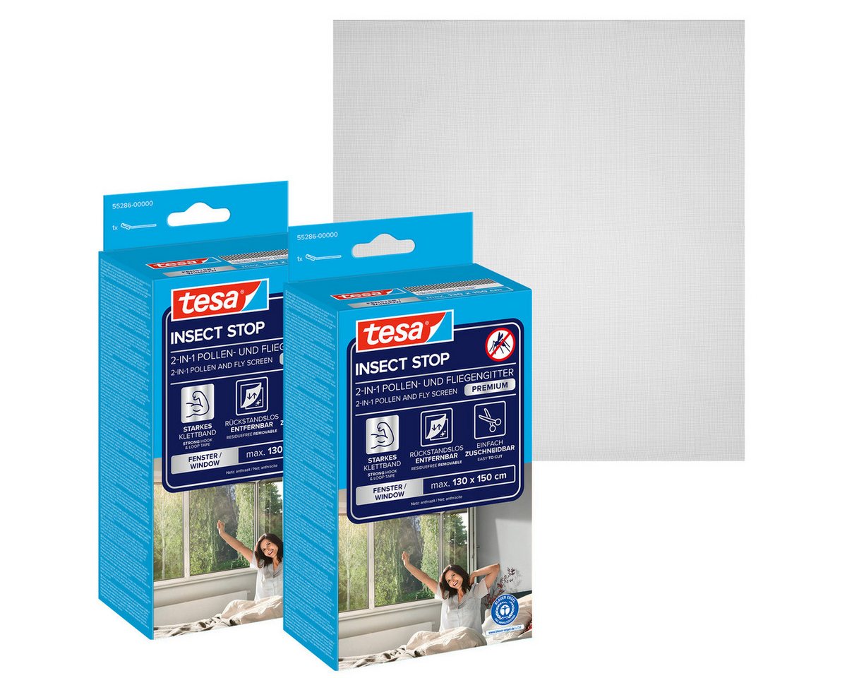 tesa Fliegengitter-Gewebe Pollenschutzgitter 2-in-1 Pollenschutz und Fliegengitter, transparent, (Packung, 2-St., Fliegennetz, Klettband), Insektenschutz mit Sonnenschutz, ohne Bohren, Anthrazit, 130x150cm