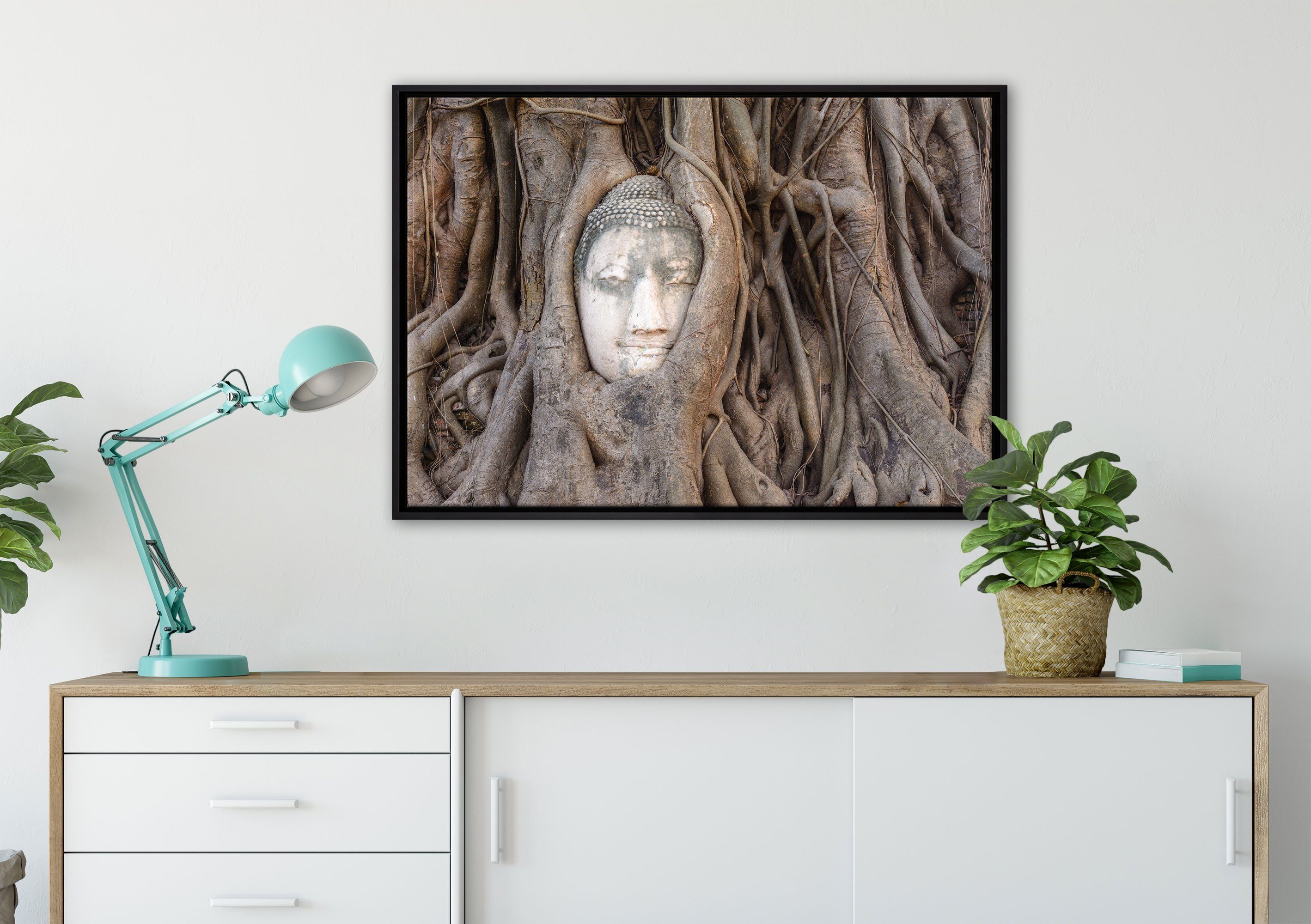 Schattenfugen-Bilderrahmen Buddha Leinwandbild Kopf Wanddekoration Baum, Leinwandbild in St), fertig einem inkl. Pixxprint im Zackenaufhänger bespannt, gefasst, (1