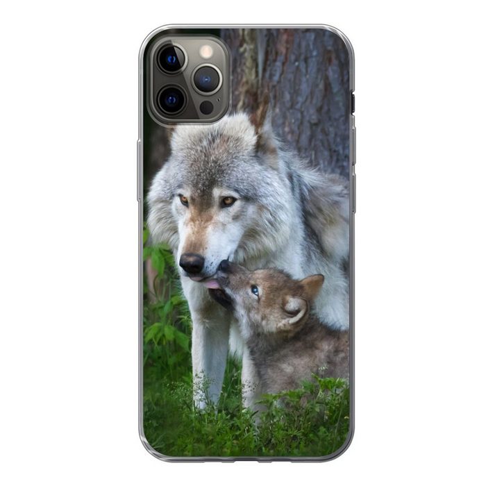 MuchoWow Handyhülle Wolf - Moos - Wald - Welpe Handyhülle Apple iPhone 13 Pro Max Smartphone-Bumper Print Handy